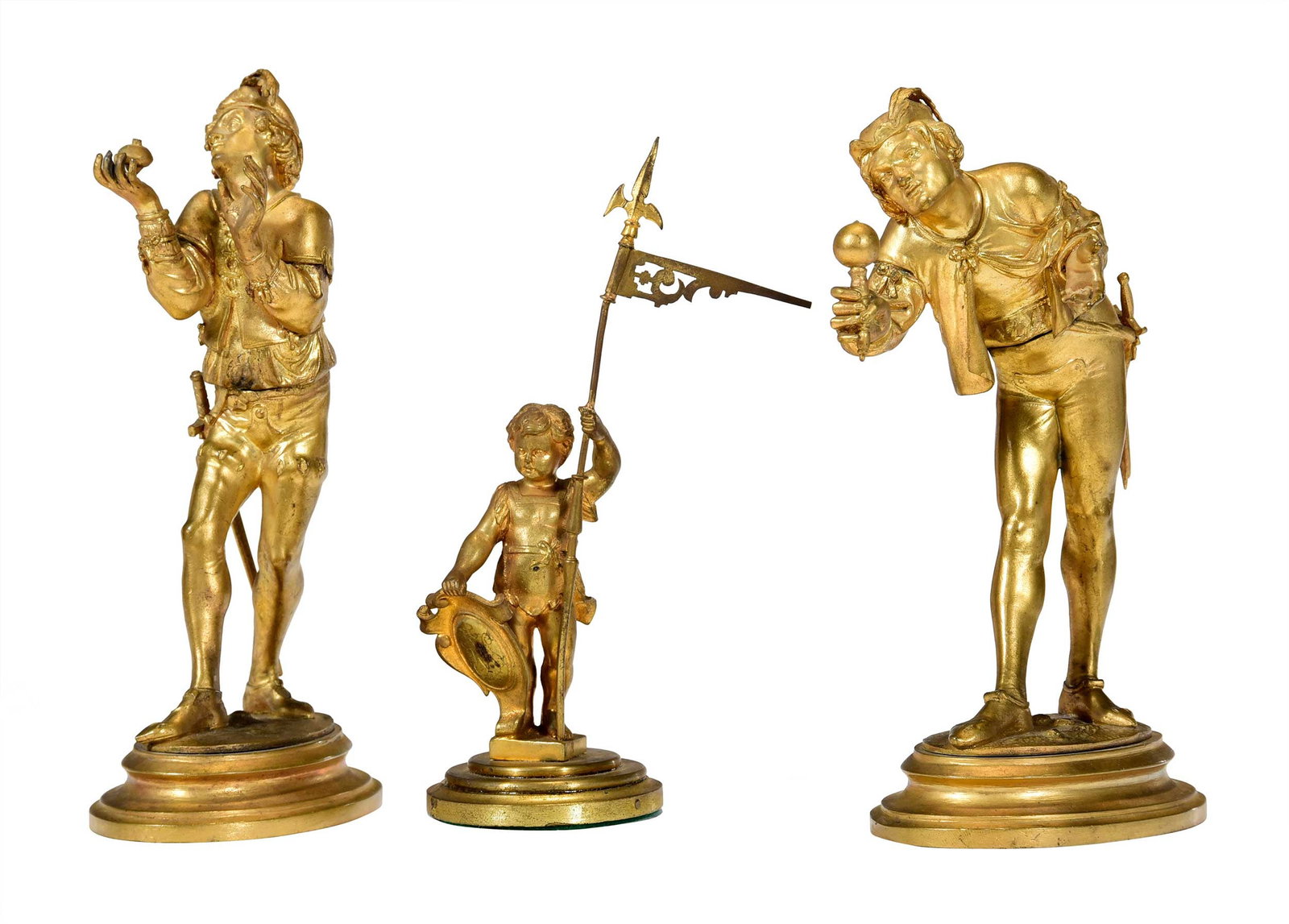 Three Continental Gilt Bronze Figures, Two Court Jesters, One Putto (1 of 6)