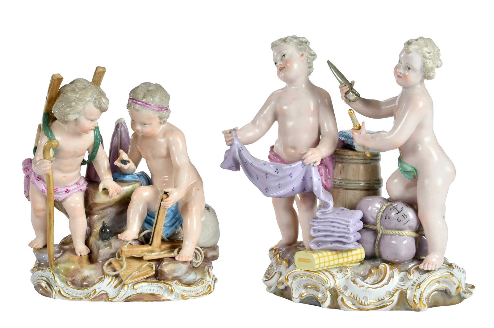 Two Meissen Putti Figural Groups, Allegory of Commerce and Trading (1 of 9)