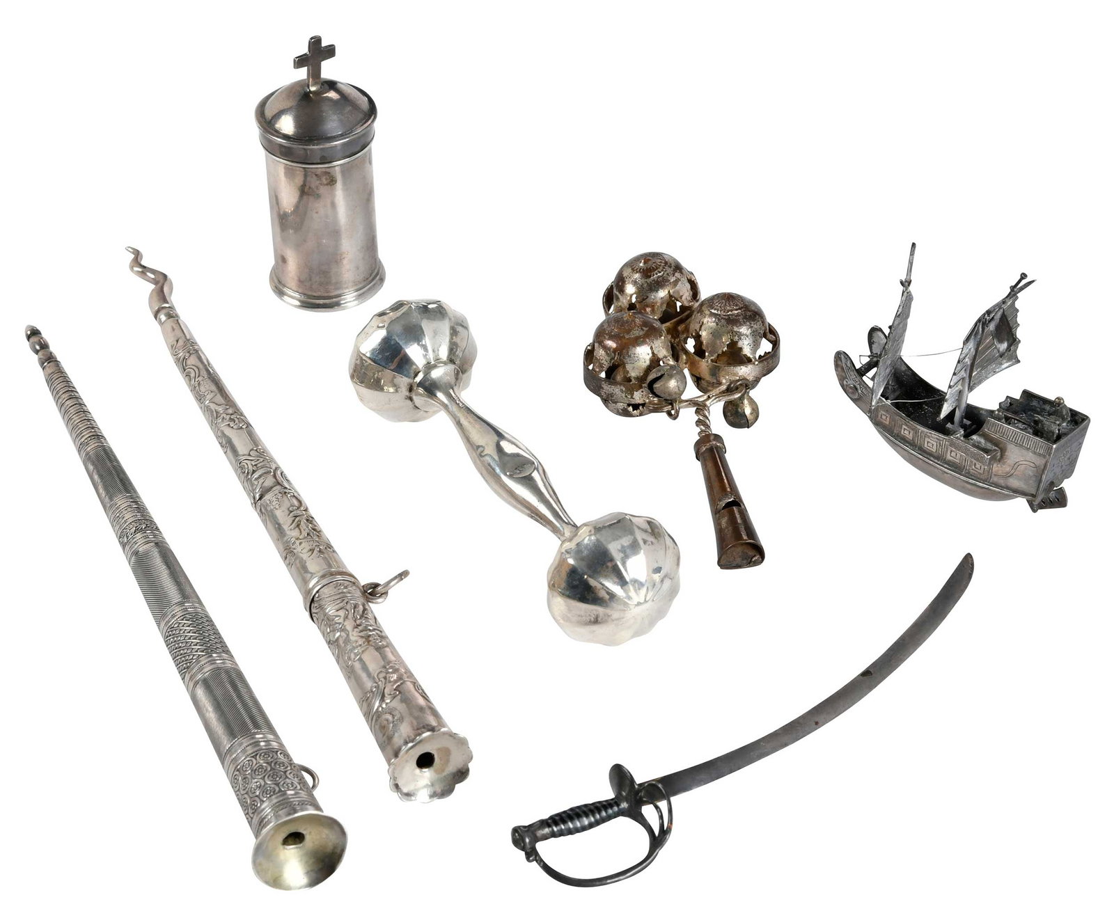 Seven Silver Items: 19th/20th century, including two Judaica Torah pointers; Continental silver holy oil container; sterling sword form letter opener; sterling baby rattle; Asian silver ship, 5.20 oz. T.; silver plate