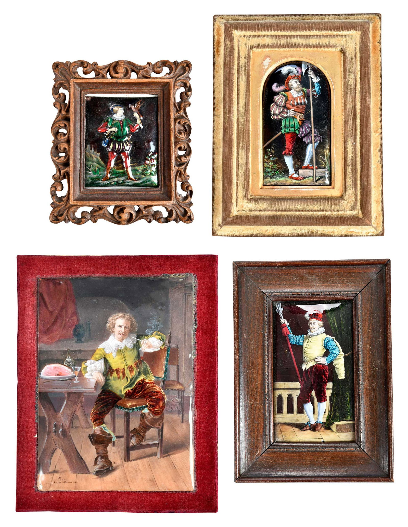 Four Continental Enameled Copper Portrait Plaques: probably French, 19th century, each featuring a gentleman in period dress, one after Jean-Louis-Ernest Meissonier, signed to lower right "ART d'apres Meissonier", three framed, largest 7-1/2 x 5-1/2