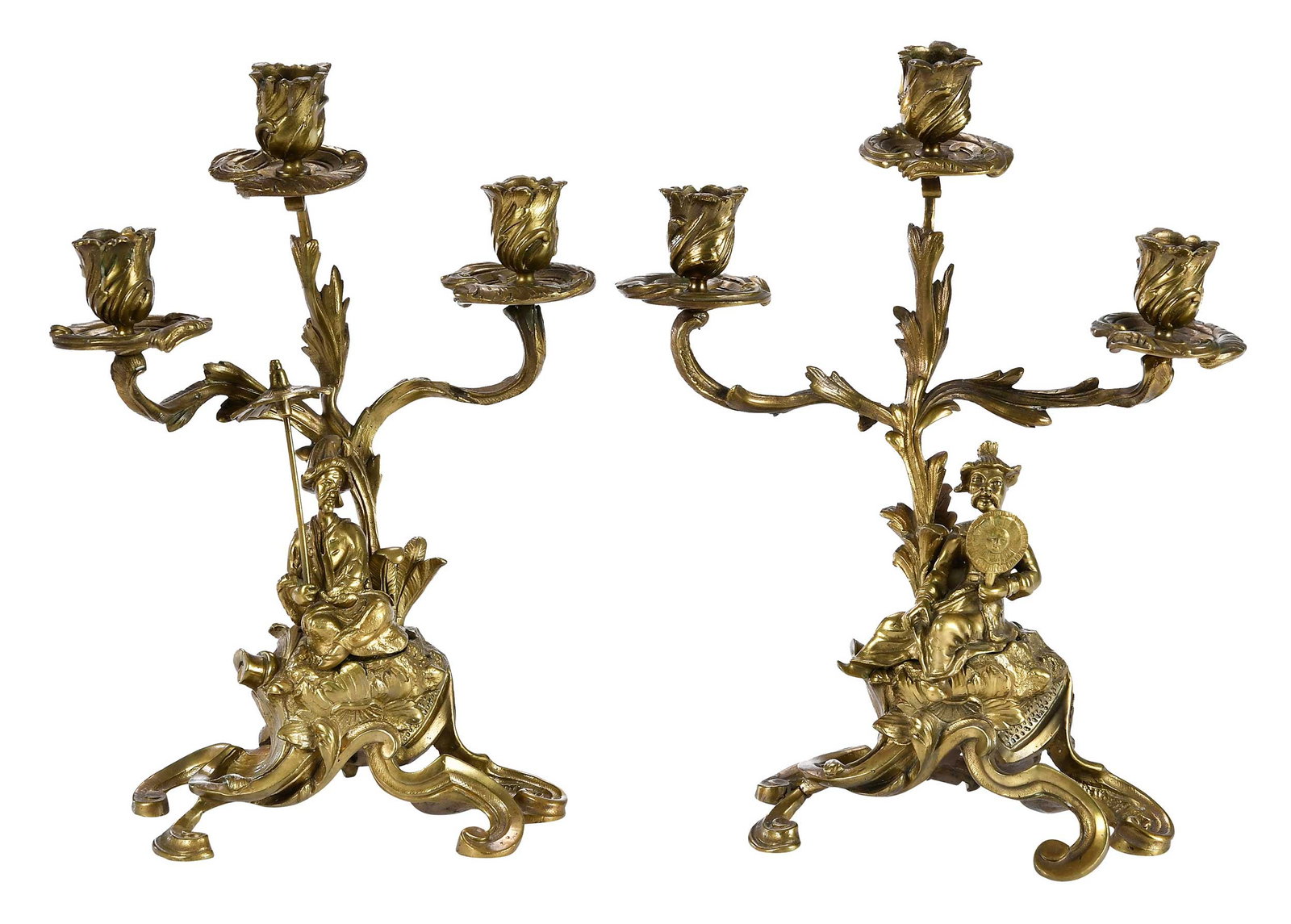 Pair of Gilt Bronze Chinoiserie Three Light Candelabra: probably French, late 19th century, each with a seated figure in Chinese attire, 13-1/8 x 10-3/8 x 4-1/2 in. Provenance: Collection of Steve Stewart, Lake Lure, North Carolina