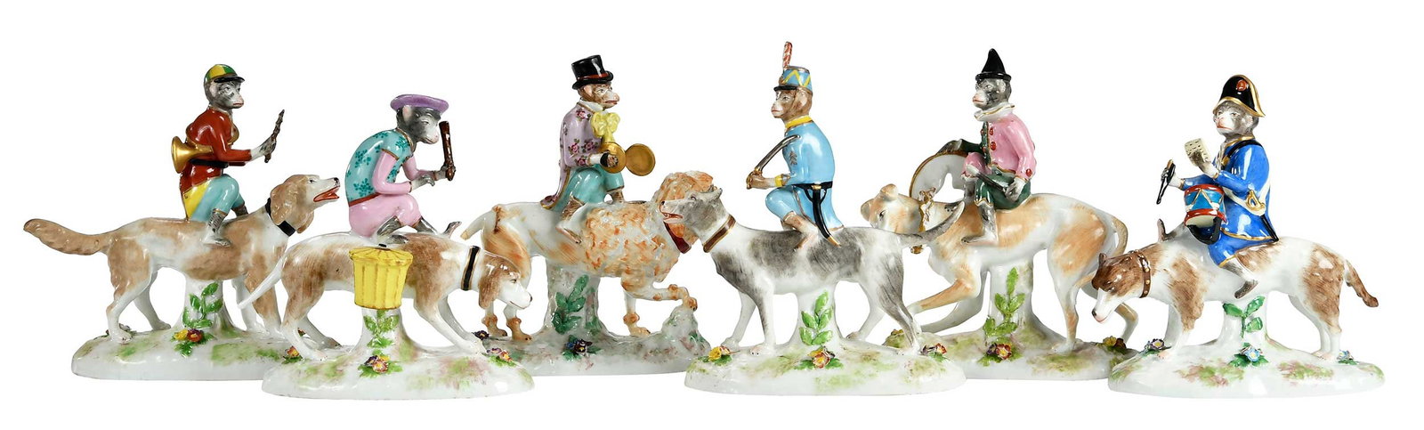 Six Piece Porcelaine de Paris Monkey and Dog Band: French, mid to late 20th century, "Porcelain de Paris/Made in France" and crossed arrow marks to bases, largest 7-1/8 x 6 x 3 in. Provenance: Collection of Steve Stewart, Lake Lure, North Carolina