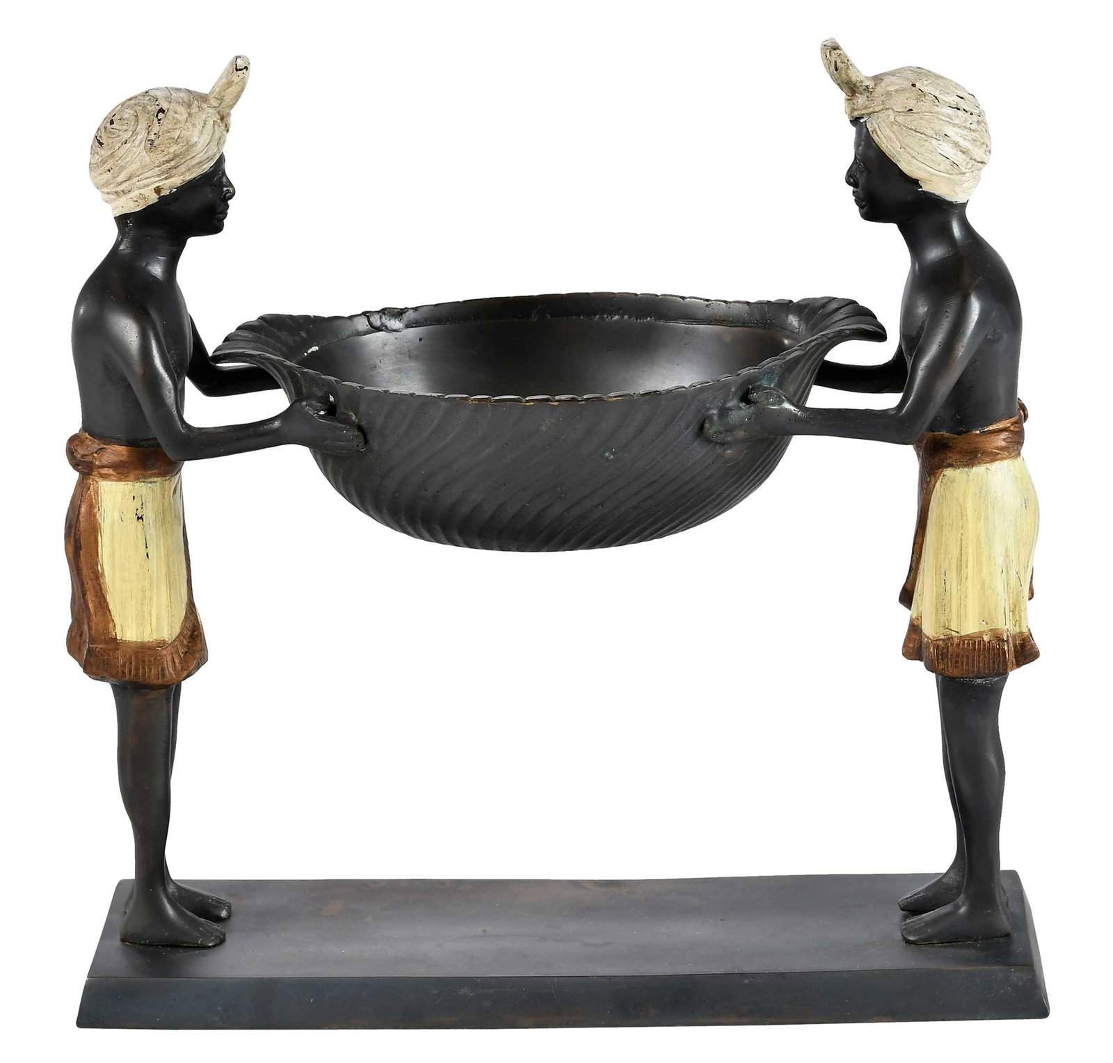 Continental Cold Painted Bronze Blackamoor Figural Group: 20th century, apparently unmarked, depicting two blackamoors supporting a bowl, 11-1/8 x 11 x 4-5/8 in. Provenance: From the Descendants of Lollie Oliver, Pittsburgh, Philadelphia; Dargate Auction Gal