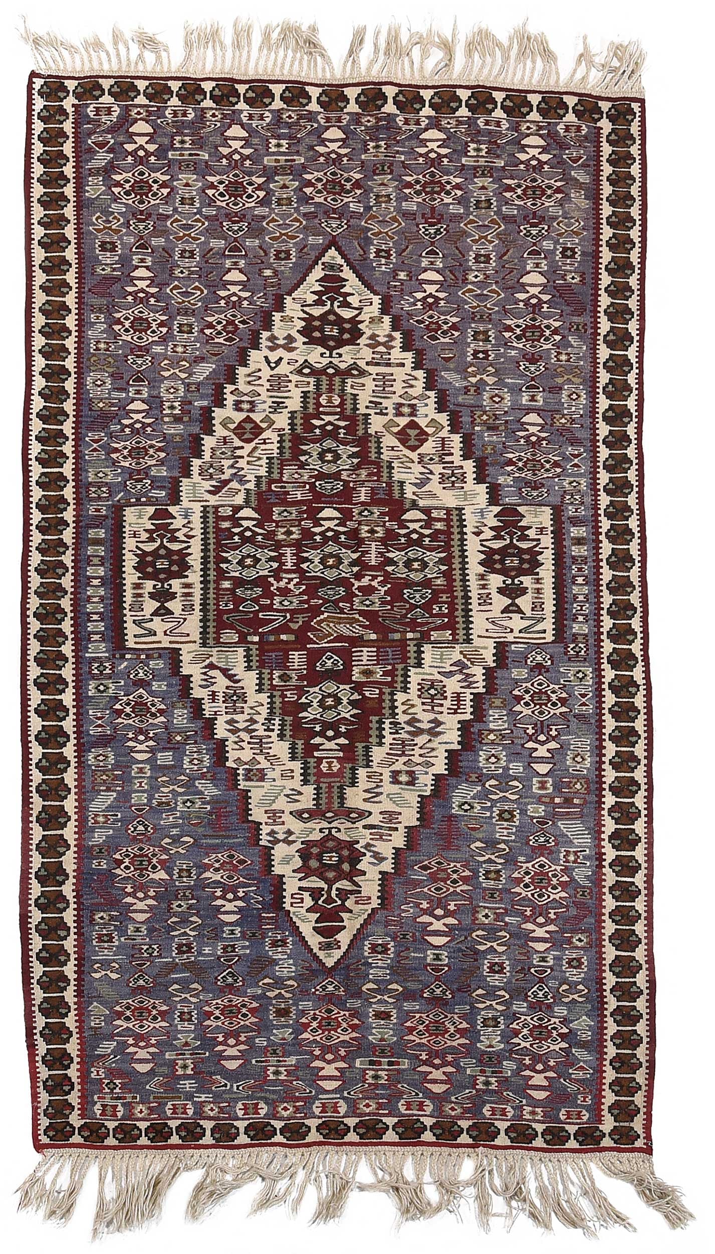 Senneh Kilim: mid 20th century, large central red and white medallion on blue ground, white main border, 6 ft. 11 in. x 3 ft. 7-1/2 in.