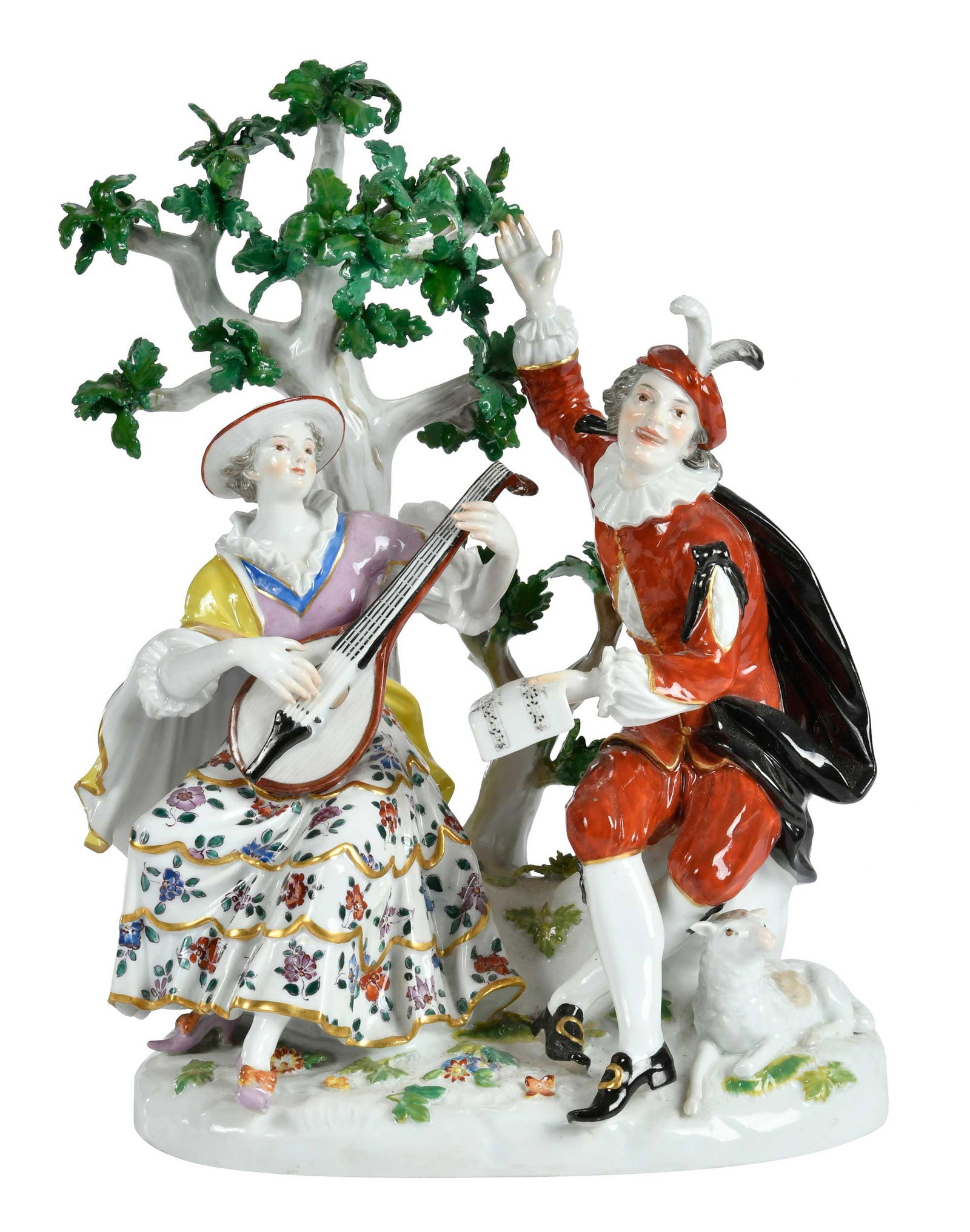 Large Meissen Porcelain Figural Group, Shepherds and Tree: German, 19th century, underglaze blue crossed swords to underside of base, incised "520", approx. 10-3/4 x 8 x 5-1/2 in. Provenance: Collection of Steve Stewart, Lake Lure, North Carolina