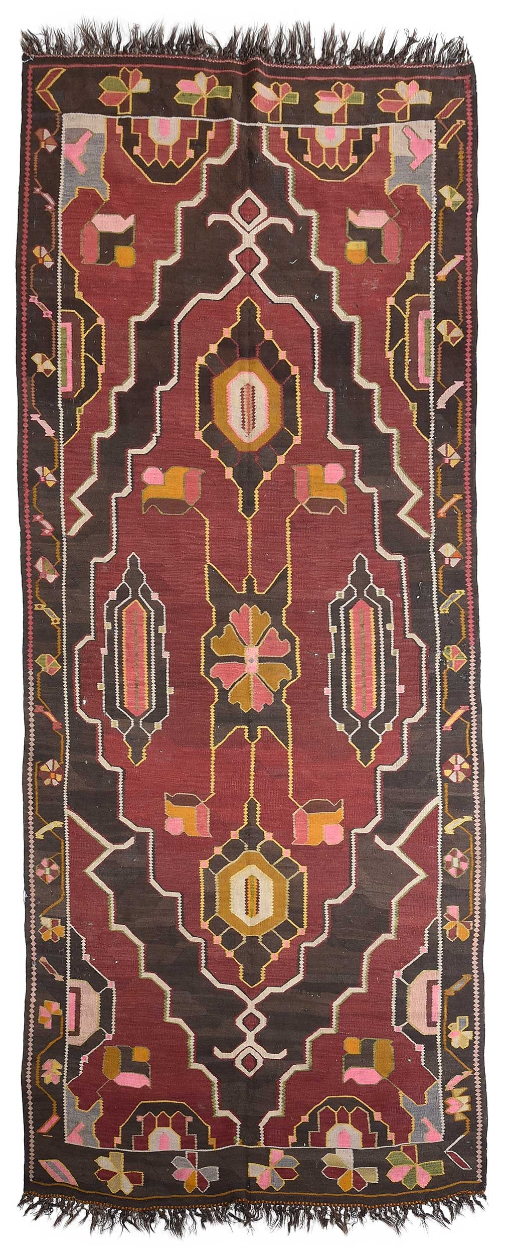 Caucasian Kilim Gallery Rug: mid 20th century, large central medallion on red ground, dark brown main border, 10 ft. 2 in. 4 ft. 3 in.