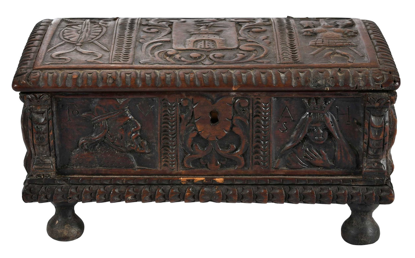 Baroque or Style Carved Wood Tabletop Box: Spanish or Spanish Colonial, 19th century or earlier, walnut and pine, underside of lid inscribed "JV 1670", 6 x 11-1/2 x 6-1/2 in. Provenance: Collection of Steve Stewart, Lake Lure, North Carolina