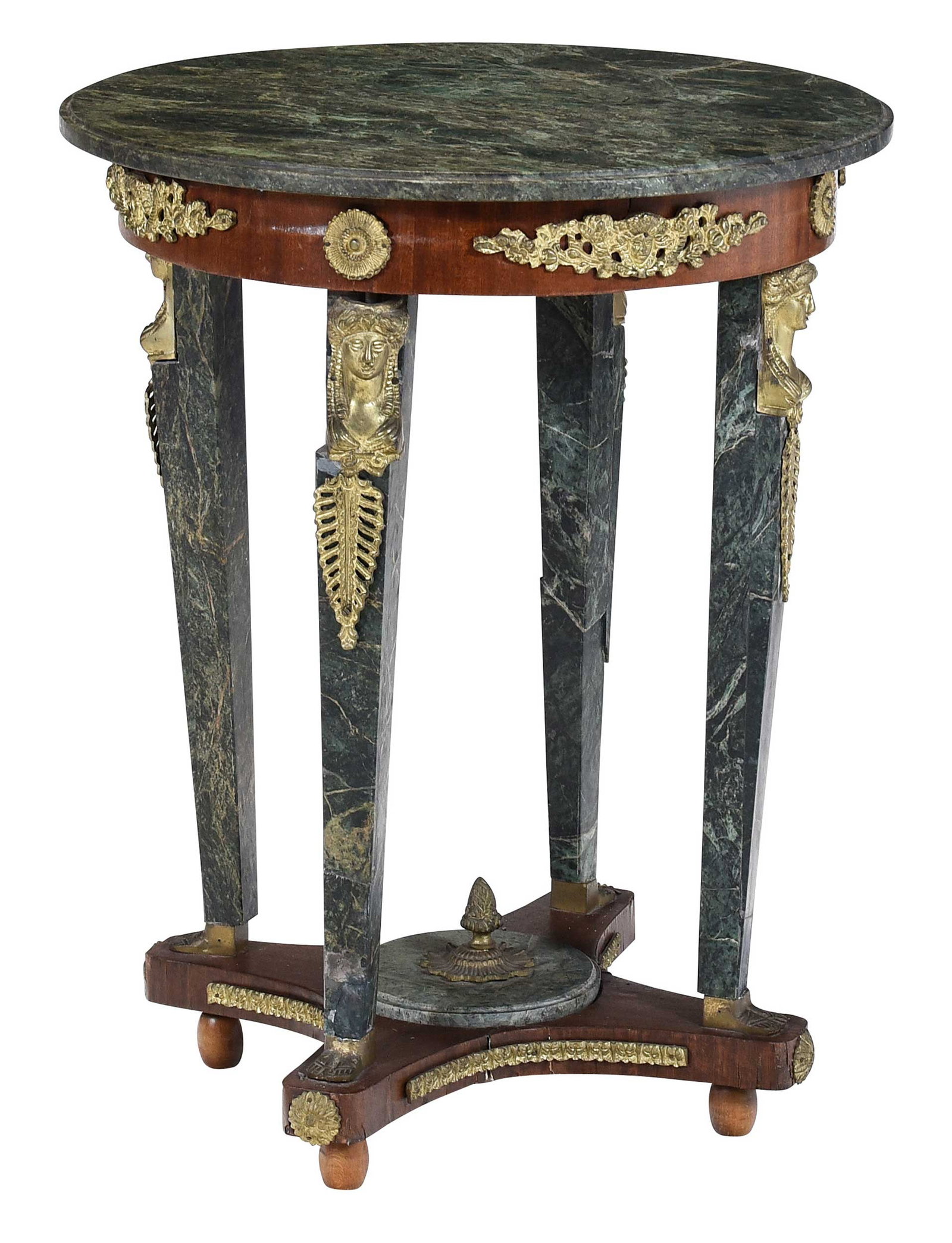 Empire Style Gilt Bronze Mounted Marble and Mahogany Lamp Table: 20th century, green marble top, legs and stretcher mount; 29-1/2 x 23-1/2 x 23-1/2 in. Provenance: Provenance: Property from a Private Collection, Vero Beach, Florida