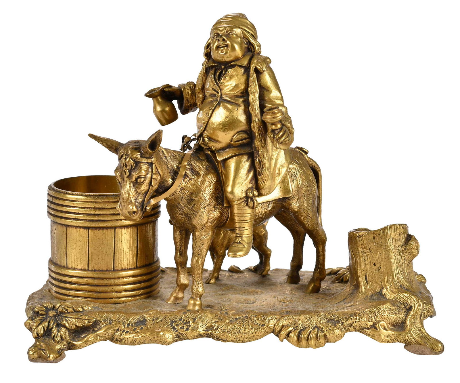 Continental Gilt Bronze Figural Standish, Man Riding a Donkey: possibly French, 19th century, depicting a drunk man on a donkey with a dog, signed indistinctly "Pa..." on proper left side, 7-1/4 x 9-1/2 x 5 in. Provenance: Collection of Steve Stewart, Lake Lure,
