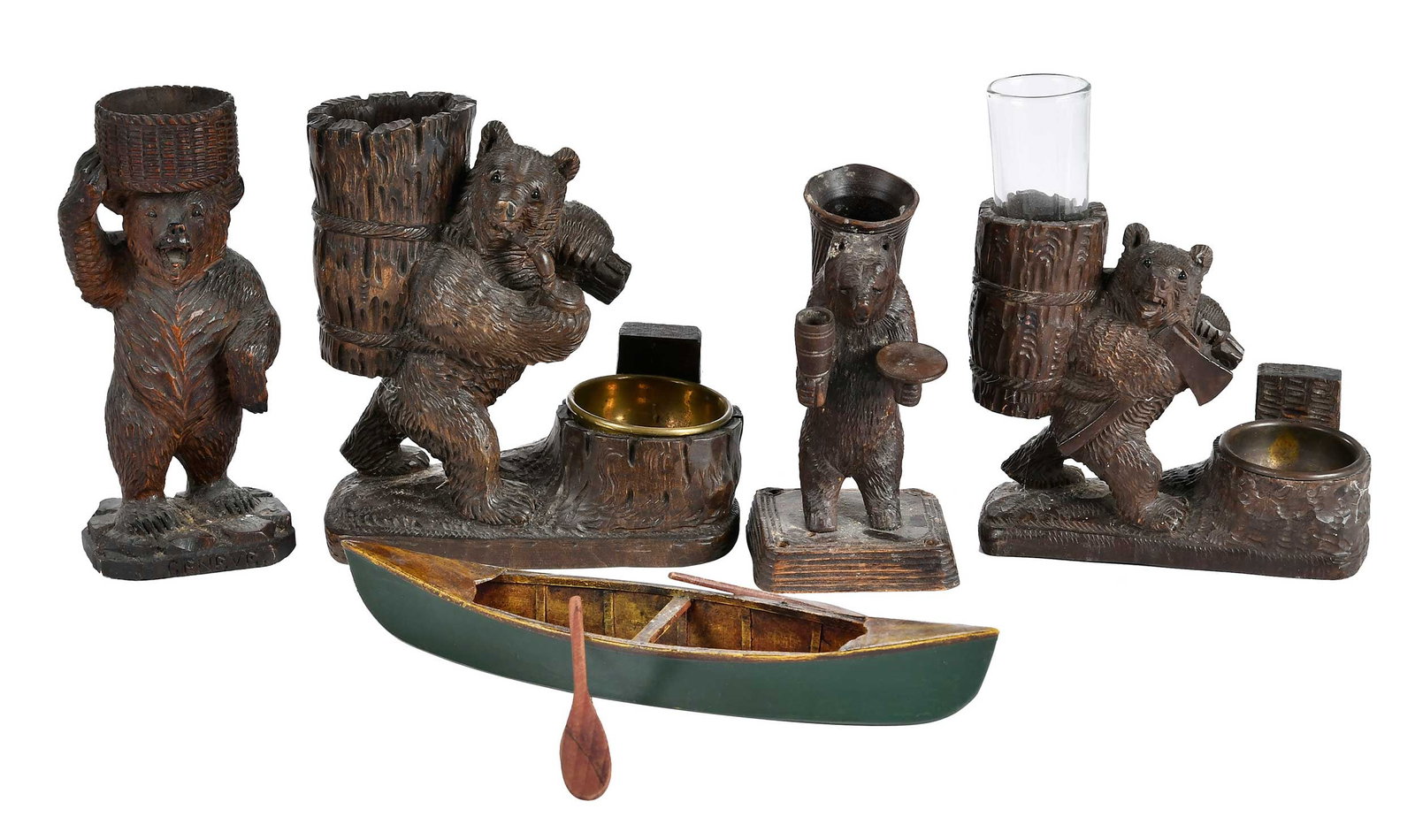 Four Black Forest Carved Bear Form Desk Accessories and Canoe (1 of 6)