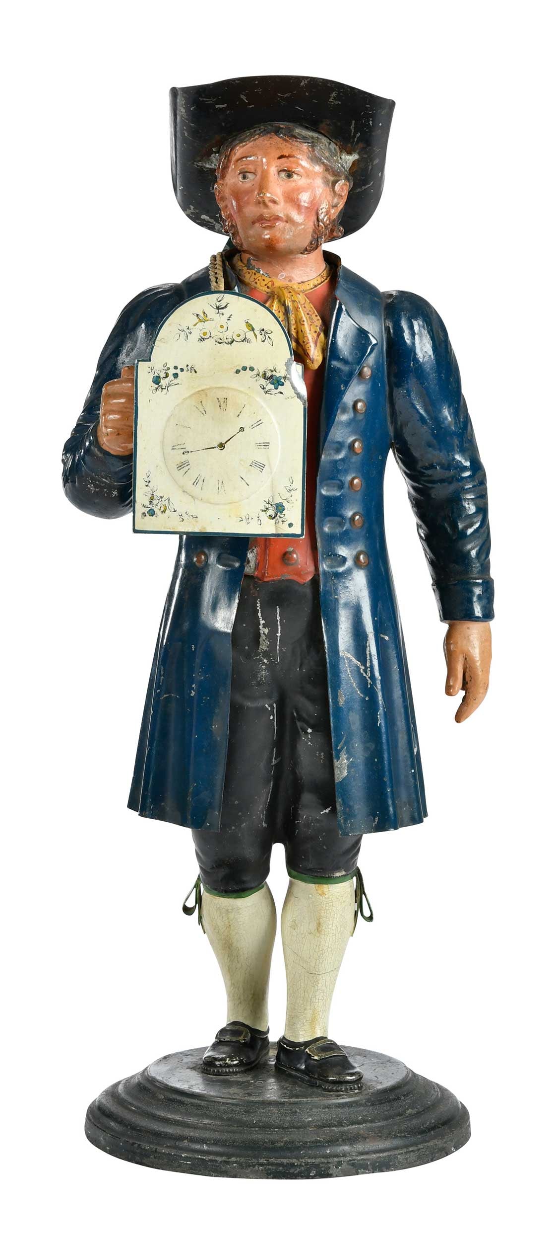 German 19th Century Painted Tole Clockmaker Figure: unmarked, painted tin construction with removable clock element, finely detailed, 14-1/2 x 5-1/4 x 5-1/4 in. Provenance: Private Collection