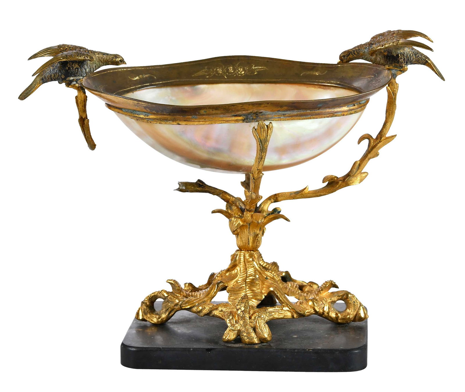 Continental Gilt Bronze and Mother of Pearl Tazza: possibly French, 19th century, foliate stand and supports with decorative birds on a black stone base, 6-3/8 x 8-1/2 x 3-3/4 in. Provenance: Collection of Steve Stewart, Lake Lure, North Carolina