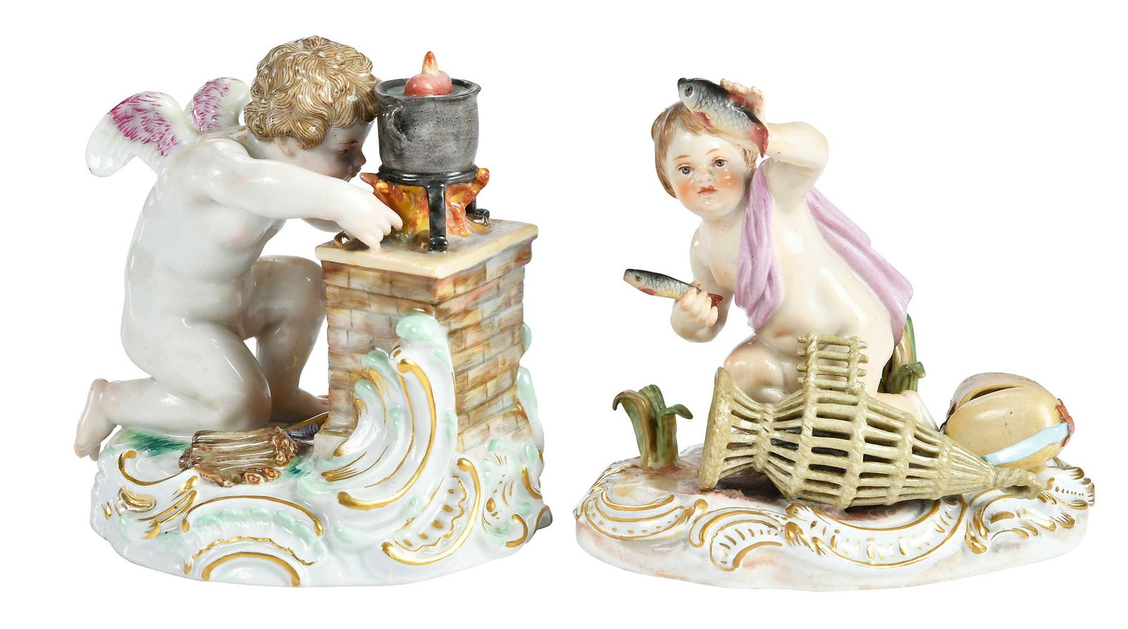 Two Meissen Porcelain Putto Figural Groups: German, 19th/20th century, Cupid Softening Hard Hearts and Water (from the Elements series), blue underglaze crossed swords to undersides of bases, incised "P 198" and "698", approx. 4-1/2 x 4-1/4 x 3