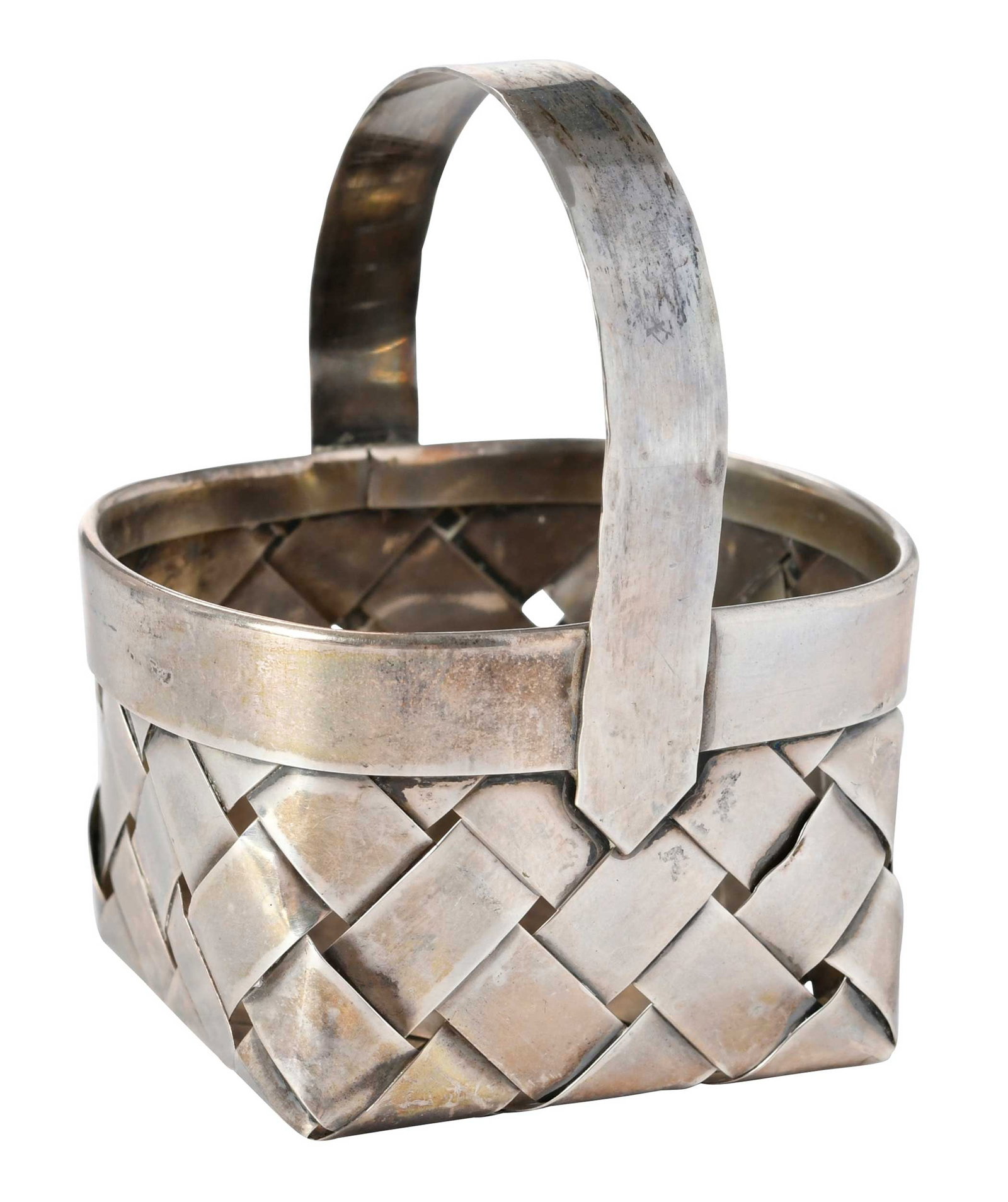 Cartier Sterling Miniature Basket: 20th century, woven basket form, marked "Cartier", "Handmade" and "Sterling", 48 grams, 3 x 2-1/4 x 2 in. Provenance: Estate of Linda Sargent Thompson, Historic Sesame Lodge, North Augusta, South Caro