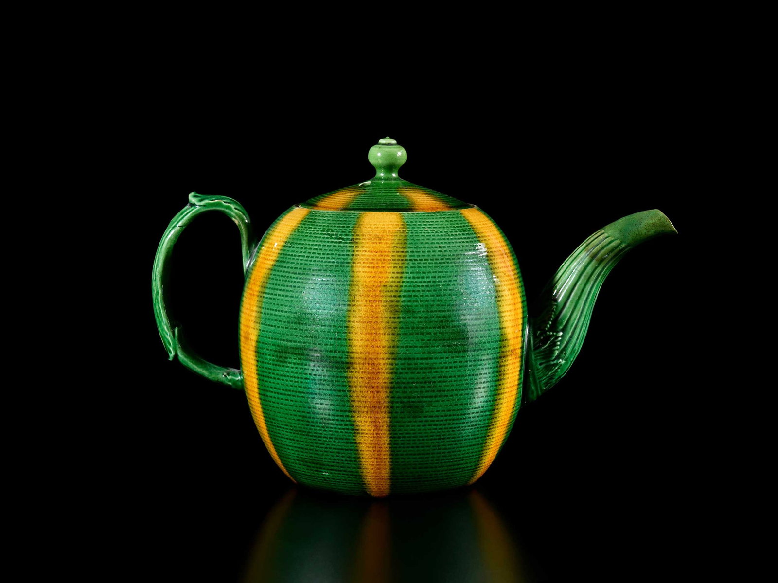 Staffordshire Creamware Melon Teapot, Sampson & Horne Provenance: mid 18th century, rouletted body, molded handle and spout, 5-1/4 x 7-3/4 x 4-1/4 in. Provenance: Sampson & Horne, London, January 2008 (accompanied by copy of receipt for $6,000); From the Collection 