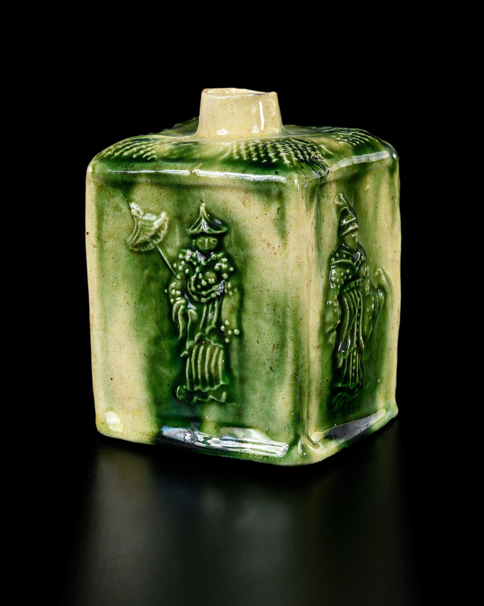 English Staffordshire Whieldon Type Pottery Tea Caddy, Howard Provenance: 18th century, molded chinoiserie decoration, 4-1/4 x 3 x 2-1/2 in. Provenance: John Howard at Heritage, Woodstock, Oxfordshire, October 2019 (accompanied by copy of receipt for $1,485); From the Colle