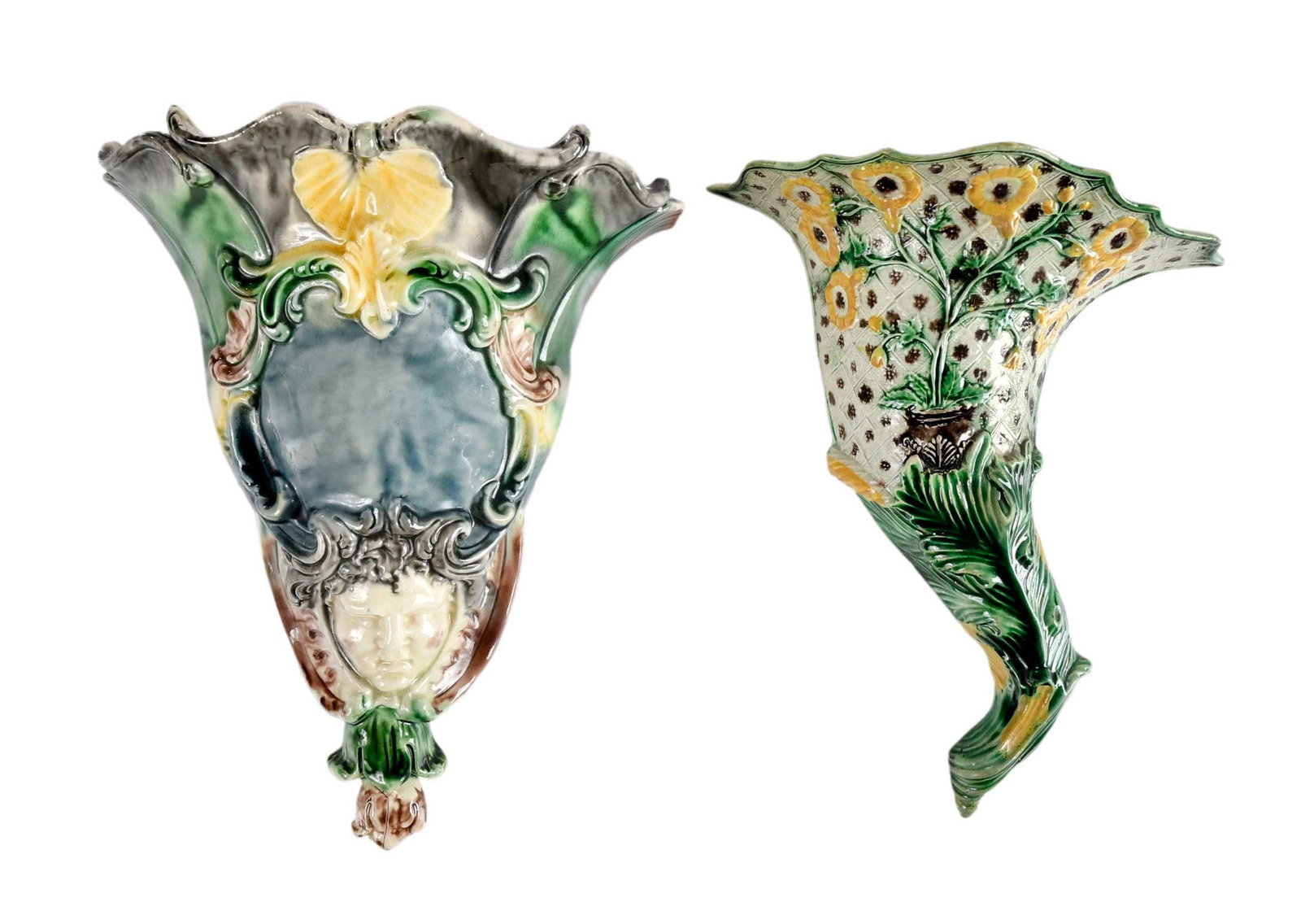 Two Staffordshire Whieldon Type Porcelain Wall Pockets, Sampson & Horne Provenance: late 18th century, each with finely molded decoration, larger 9-1/2 x 7-1/4 x 4-1/2 in. Provenance: (larger) Sampson & Horne, London (label), Kahn Collection (label), Samuel Herrup, Sheffield, Massach