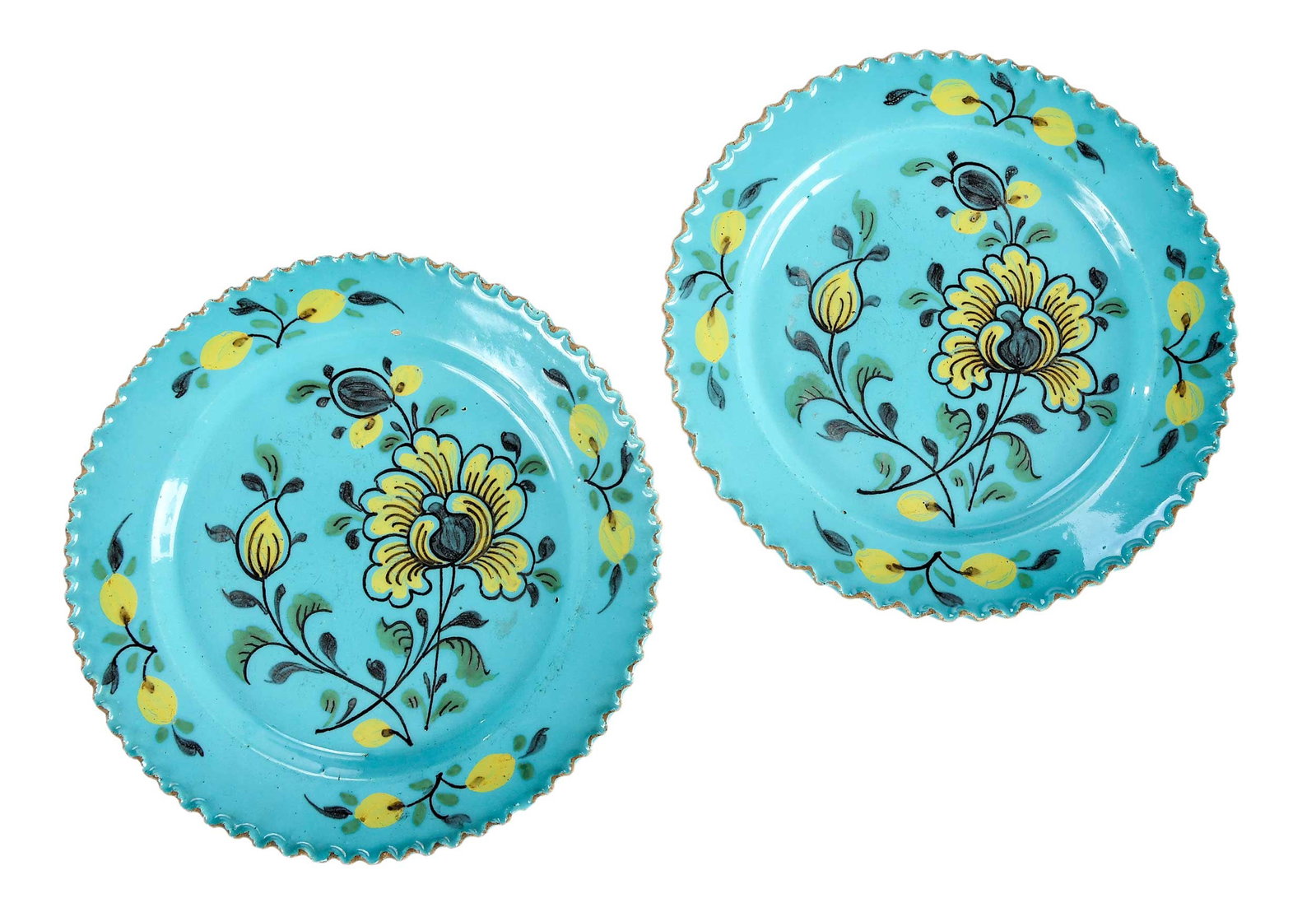 Rare Pair of Turquoise Ground Delftware Plates: Dutch, late 18th century, each with scalloped rim and floral decoration, 1 x 6-1/2 x 6-1/2 in. Provenance: Aronson Delftware, Amsterdam, April 2023 (accompanied by copy of receipt for $2,250); From th