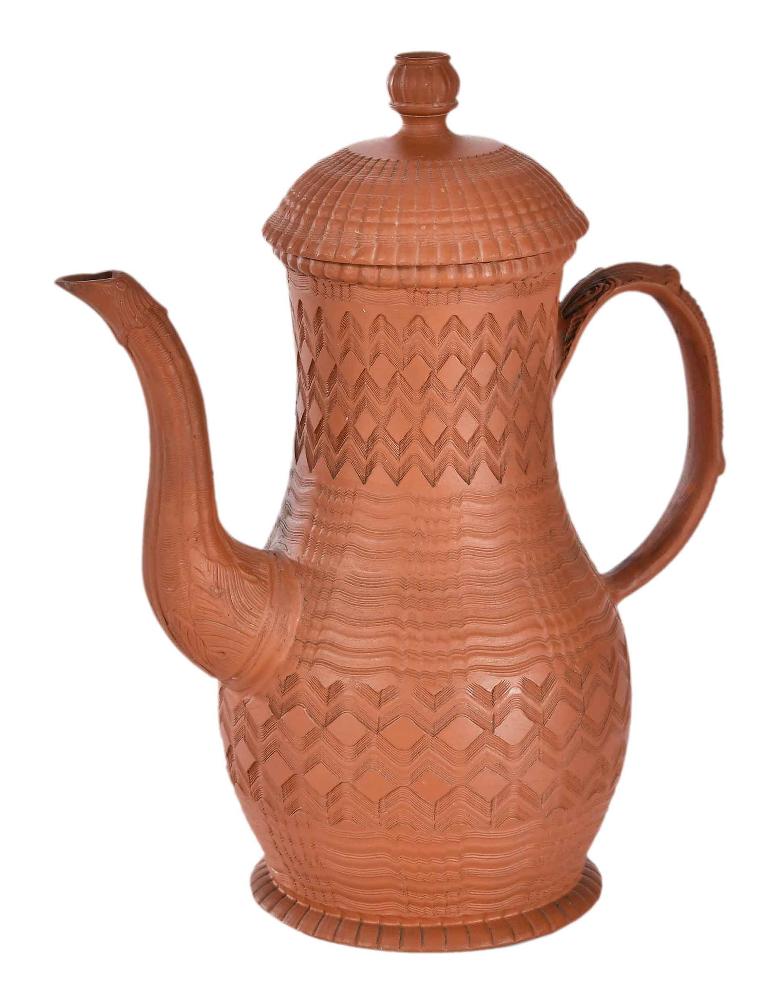 A Fine Staffordshire Redware Covered Coffeepot, Atkins Provenance: English, mid to late 18th century, of baluster form, engine turned chevron and foliate decoration, 8-1/4 x 6-5/8 x 4-1/4 in. Provenance: The Beckingsale Collection (label); Garry Atkins, London, Janua