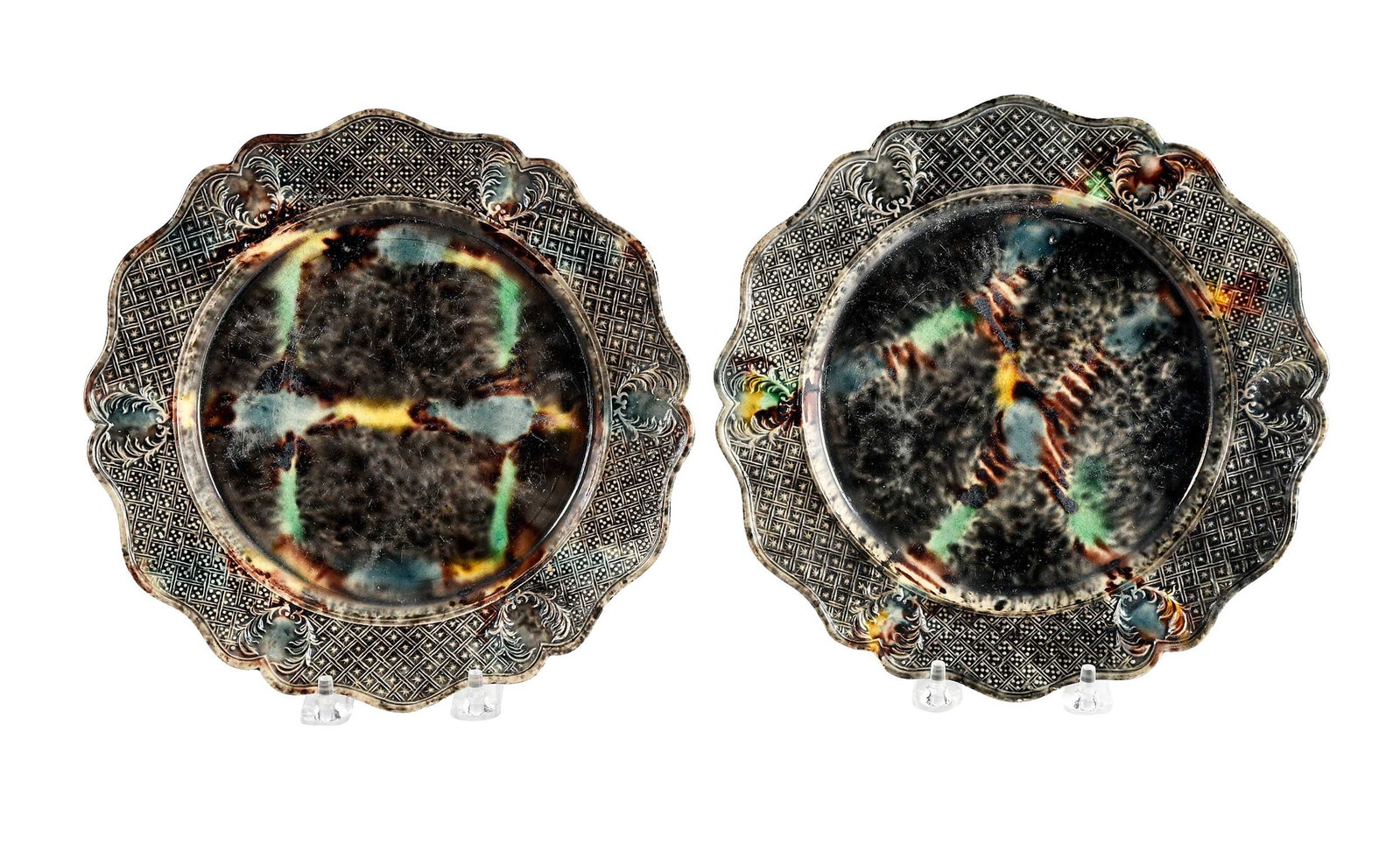 Two Staffordshire Creamware Whieldon Type Plates: late 18th century, sponged tortoiseshell decoration, each approx. 7/8 x 9 x 9 in. Provenance: Samuel Herrup, Sheffield, Massachusetts, August 2008 (accompanied by copy of receipt for $1,000); From the