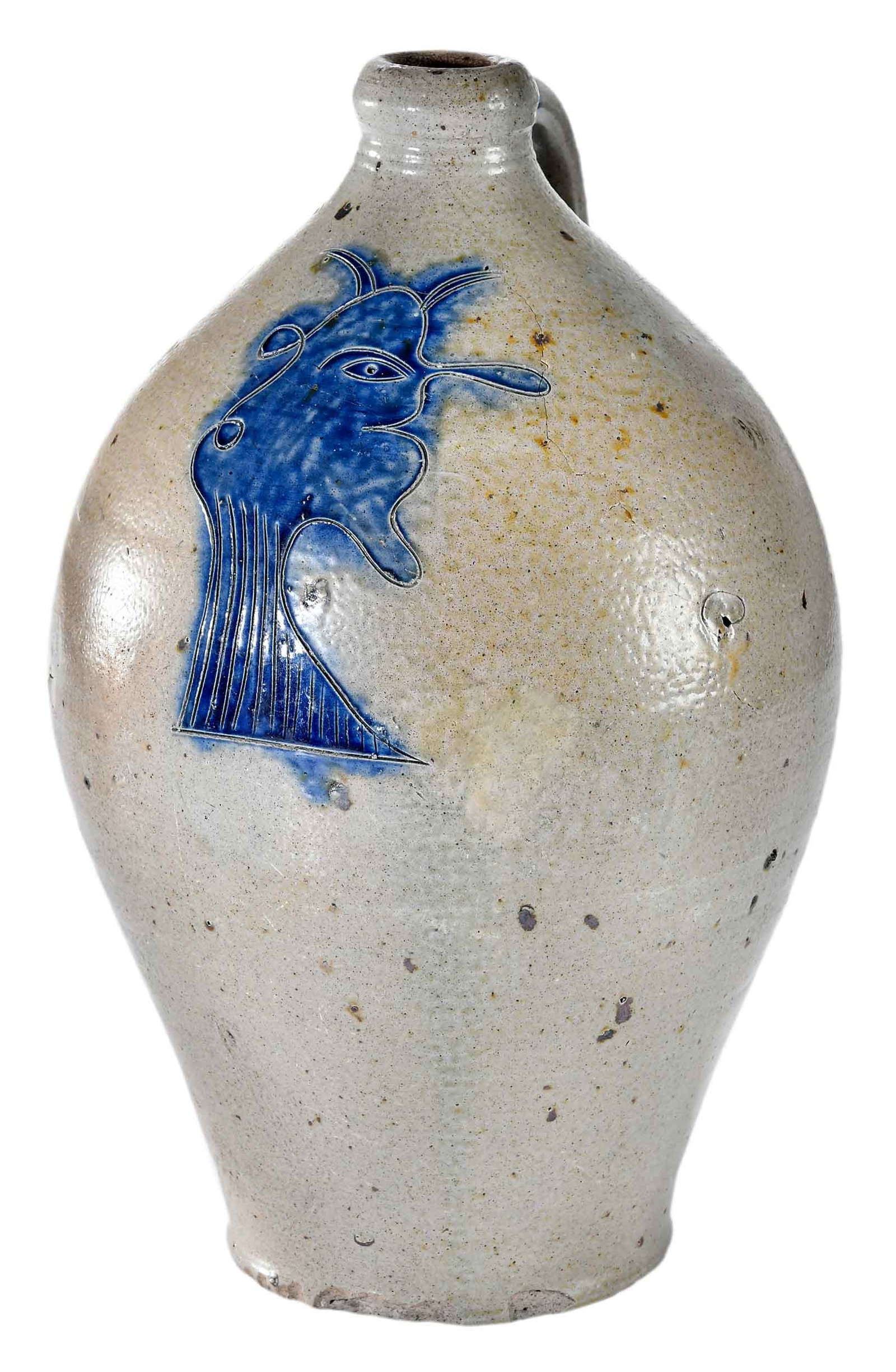 New York State Attributed Stoneware Jug with Incised Cobalt Devil Head Decoration (1 of 20)