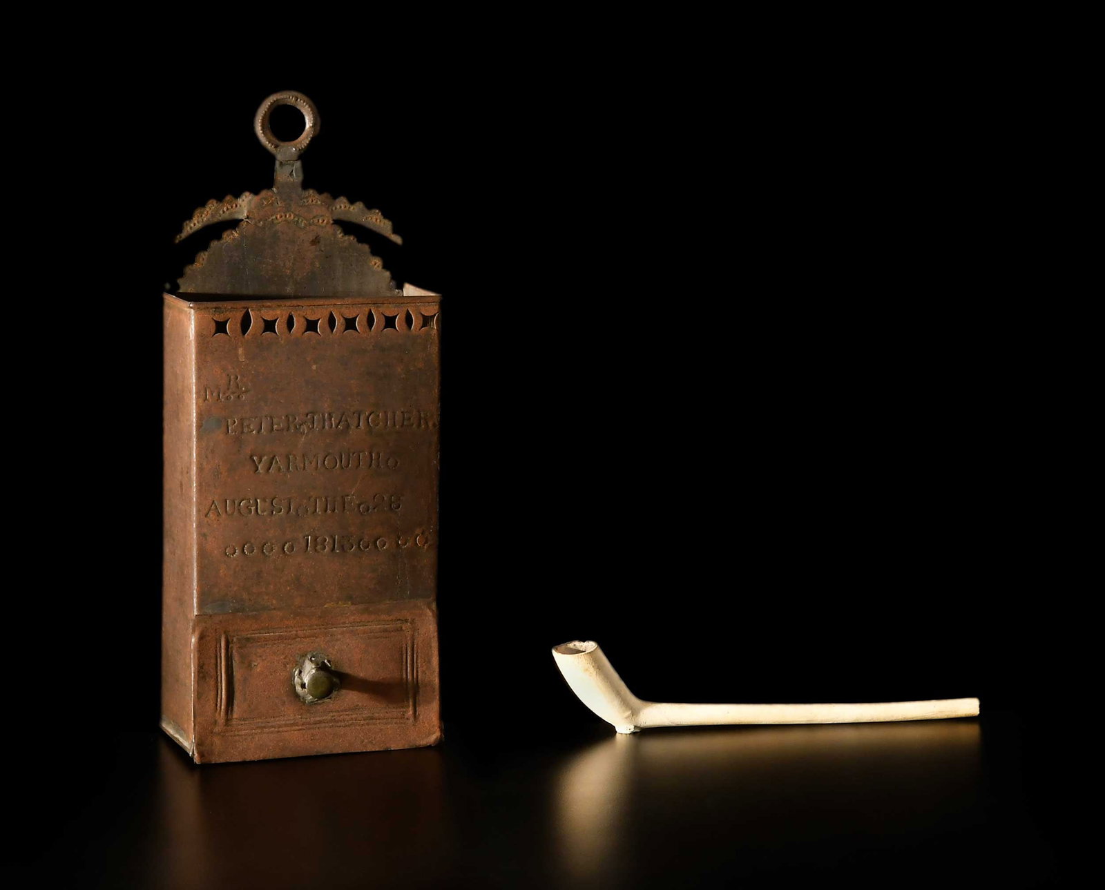 Rare Dated Yarmouth Massachusetts Tin Pipe Box, Insley Blair Provenance (1 of 16)