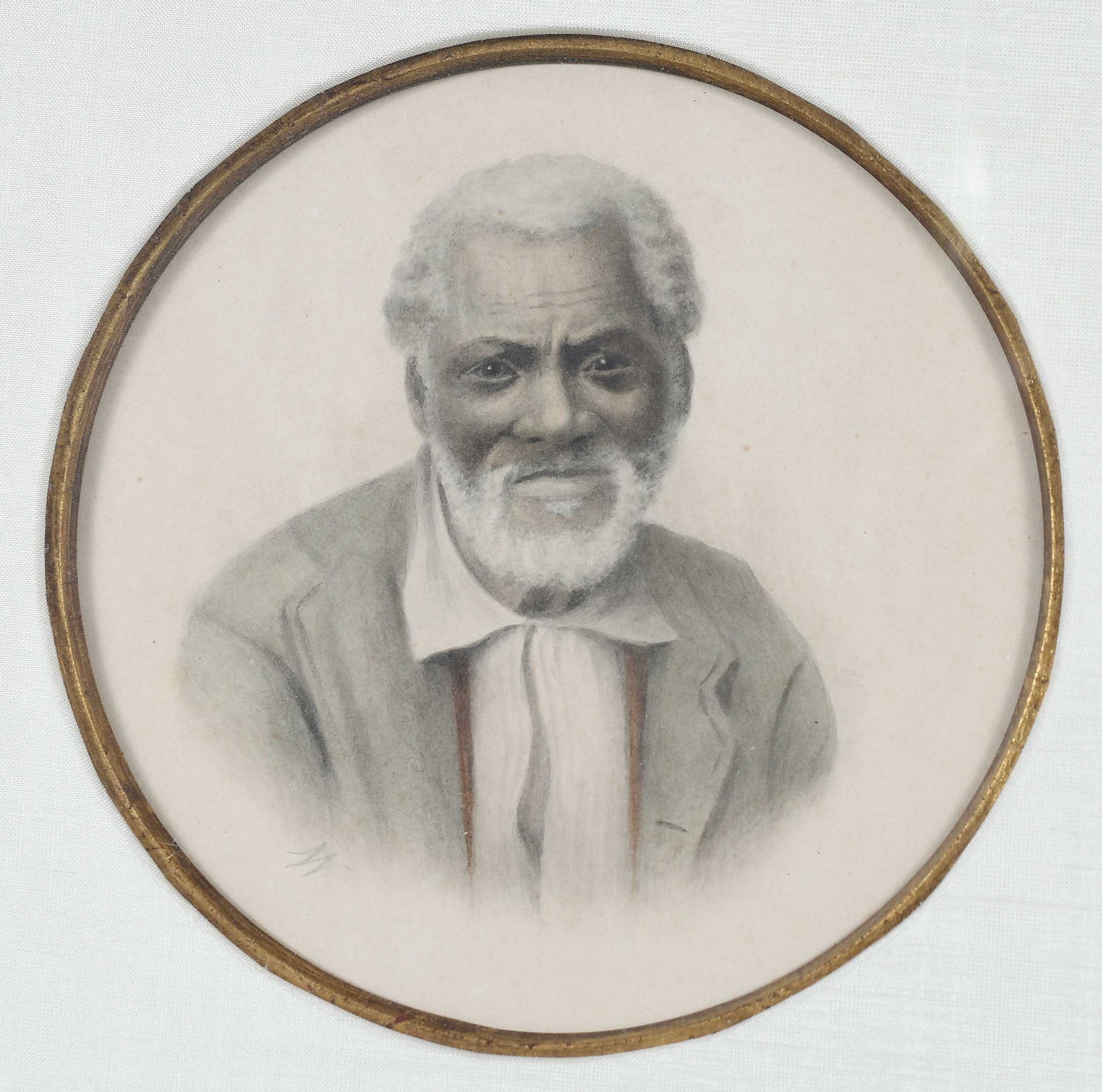 Maria Howard Weeden: (American/Huntsville, Alabama, 1847-1905) Portrait of an elderly black man painted in a circle, initialed lower left "W", inscribed verso "Painted by Maria "Howard Weeden"/Hunts..." watercolor on card
