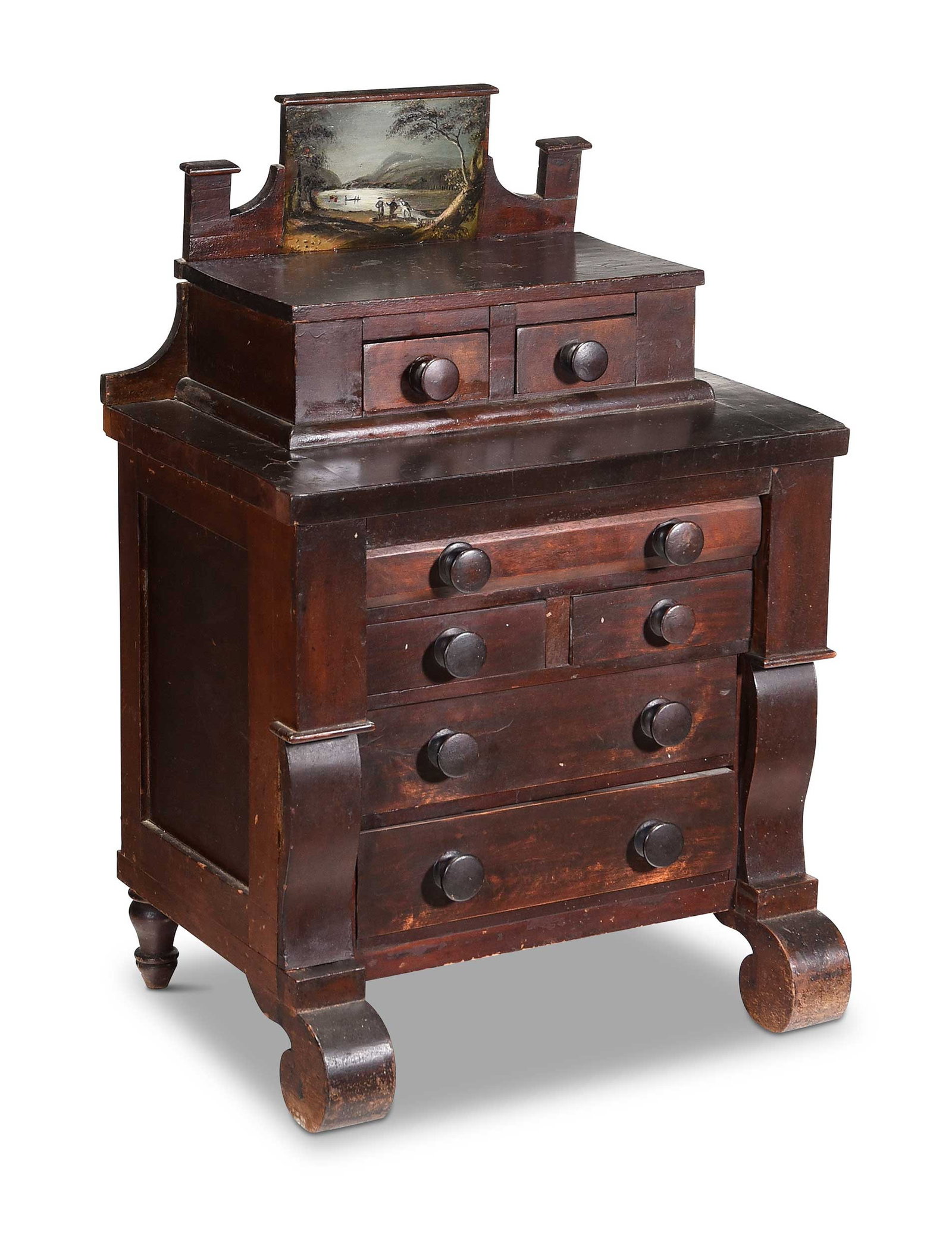Classical Mahogany Miniature Chest Painted with Delaware Waterworks: second quarter 19th century, mahogany veneers, backsplash possibly depicting the Delaware Waterworks, 23-1/2 x 16 x 12-1/4 in. Provenance: By tradition, discovered in York, Pennsylvania; Malcolm Magru
