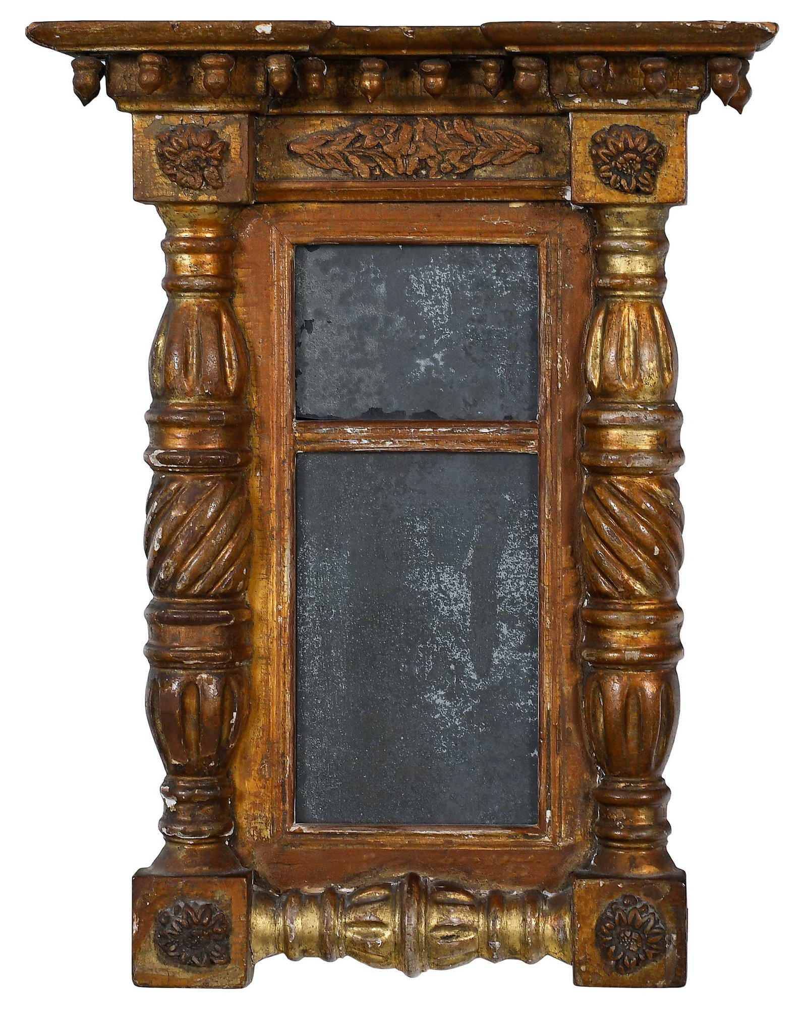 Fine New England Miniature Federal Carved and Gilt Mirror: circa 1815, retaining two fine original distressed mirror plates, overhanging cornice with acorn drops, rosettes to corners, pine and chestnut, 14-1/2 x 11 x 2-3/4 in. Provenance: Wayne Pratt American