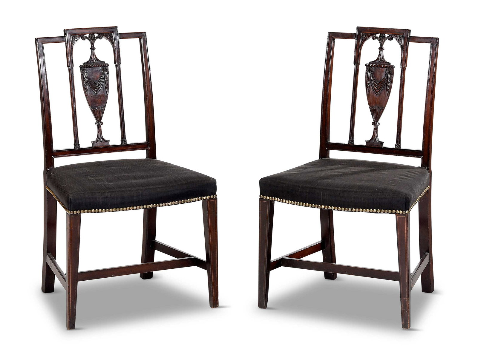 Fine Pair Philadelphia Federal Carved and Inlaid Mahogany Urn Back Side Chairs: circa 1800, with drapery, rosette, and Prince of Wales feather carved urn backs, black horsehair over the rail upholstered seats with brass tacking, square tapered legs with string inlay, ash and yell
