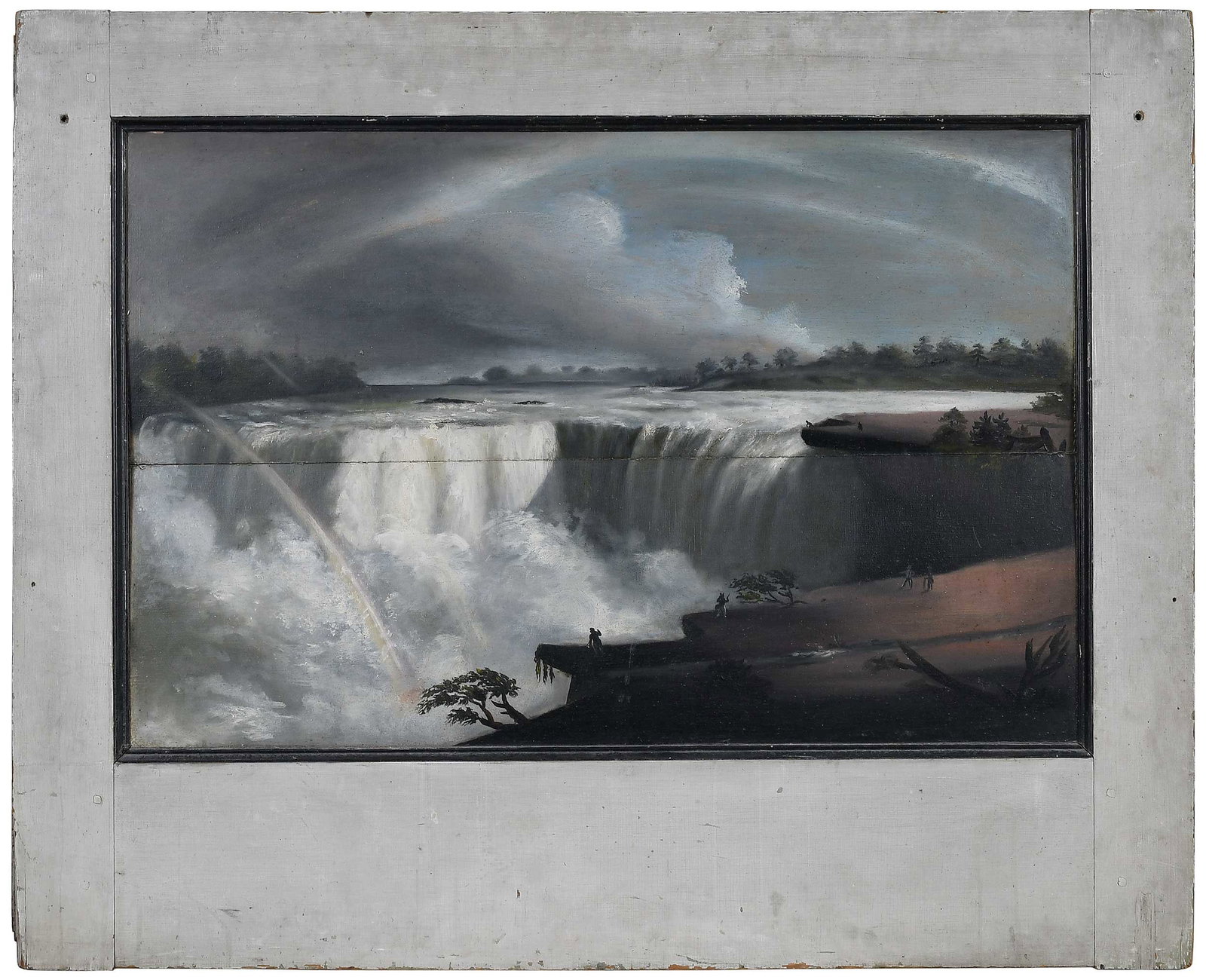 Important New England Fireboard, Niagara Falls, Farago and Kopp Provenance: American, folk painting of Niagara Falls, circa 1830-40, unsigned, oil on wood panel set in painted white pine frame; painted panel 23-1/2 x 36-1/4 in.; with frame 35-1/2 x 44 x 1 in. Provenance: Amer