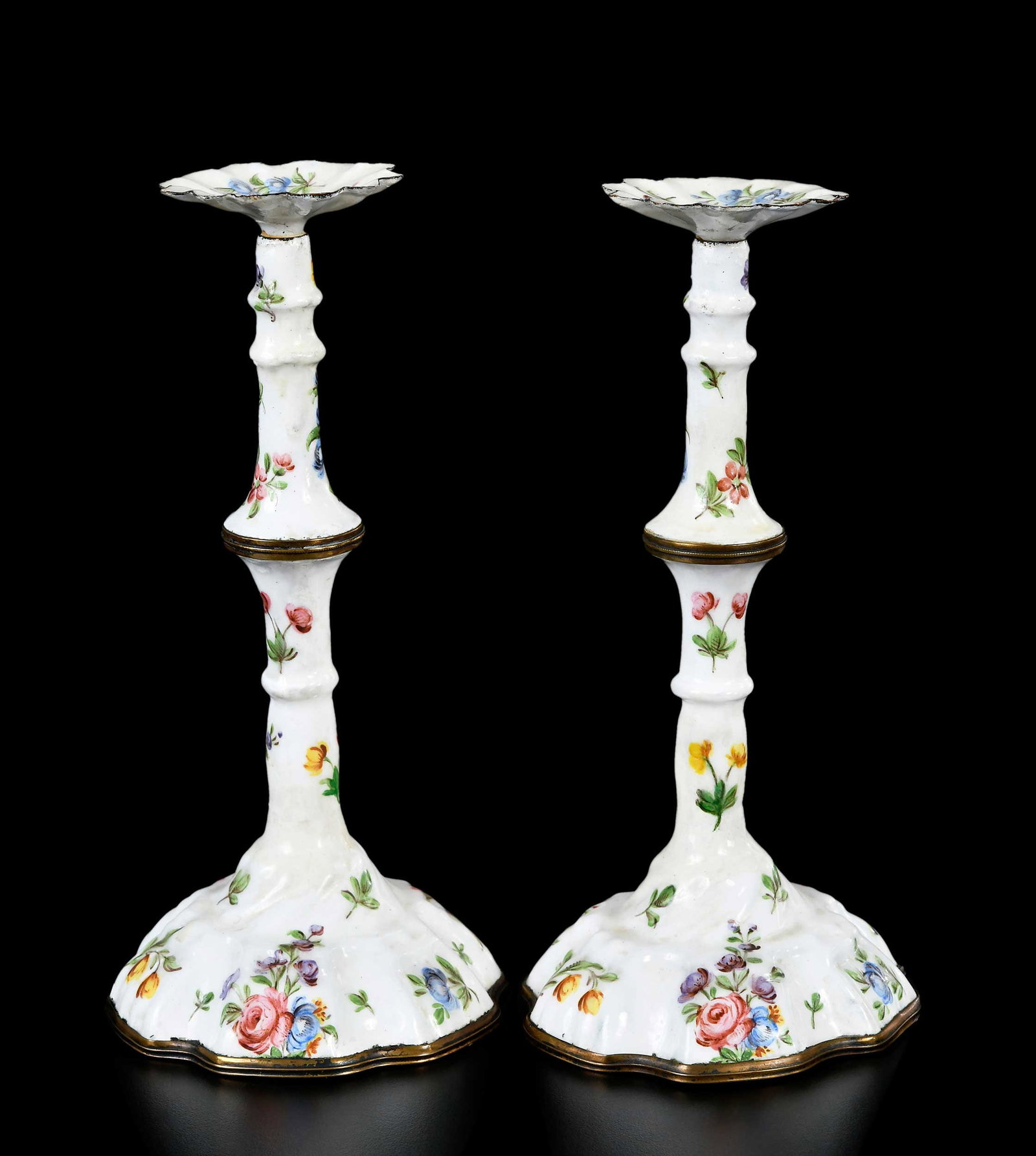 Rare Diminutive Pair of Battersea Enameled Copper Candlesticks (1 of 10)