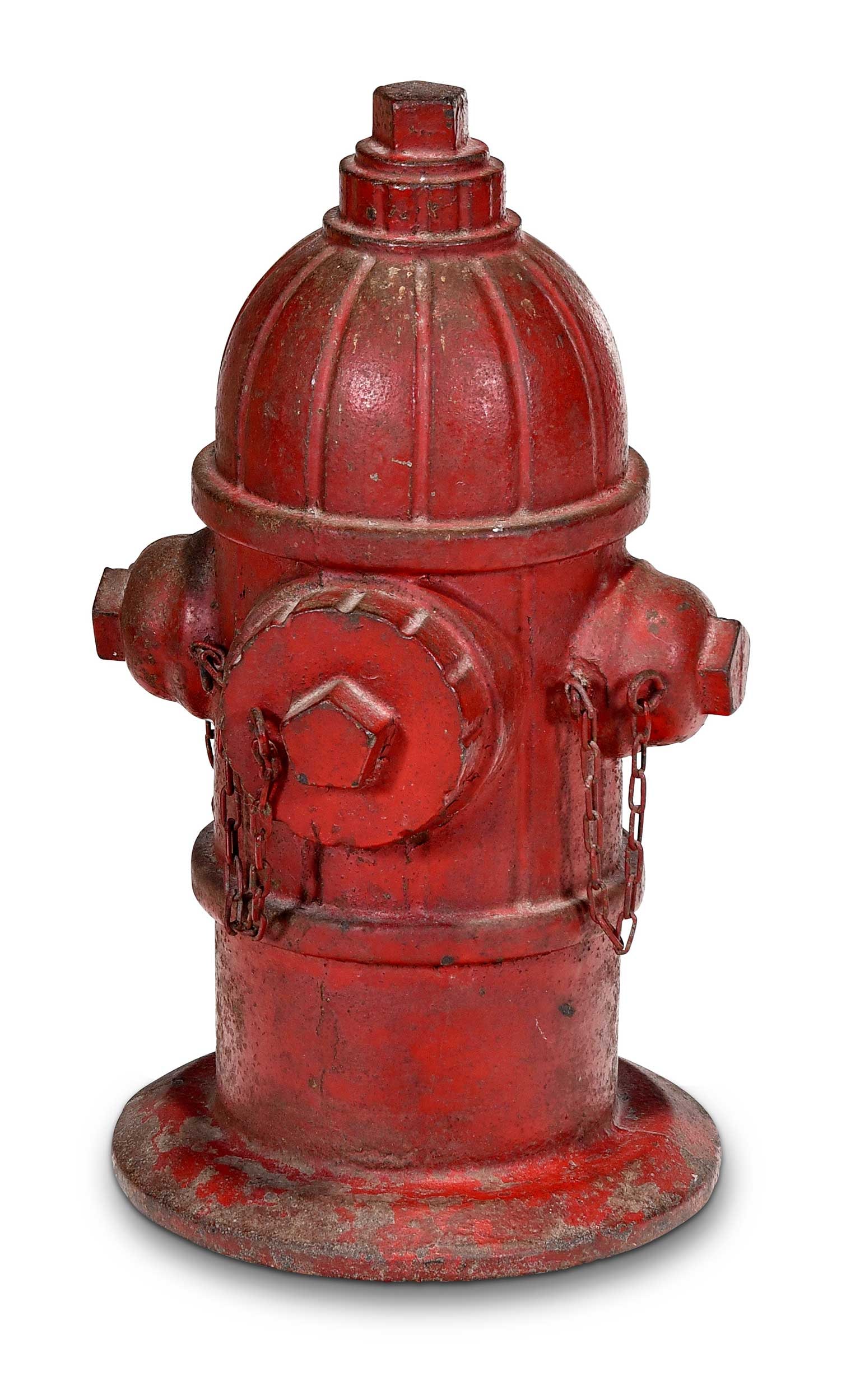 Unusual Folk Art Red Painted Cast Iron Fire Hydrant: 20th century, unmarked, original red paint, 15-1/2 x 9 x 9 in. Provenance: From the Collection of Elbert H. Parsons, Jr., Huntsville, Alabama