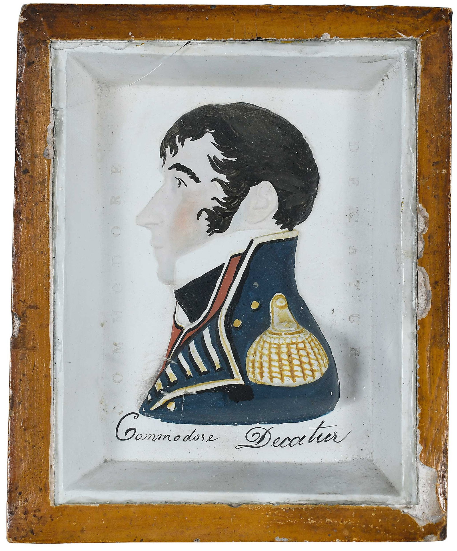 Rare American Chalkware Bust of Commodore Stephen Decatur: circa 1820, chalk throughout with gilt painted border and glass cover, "Commodore Decatur" in black beneath bust and impressed to sides, 5-7/8 x 4-5/8 x 1 in. Provenance: Sumpter Priddy, Alexandria, V