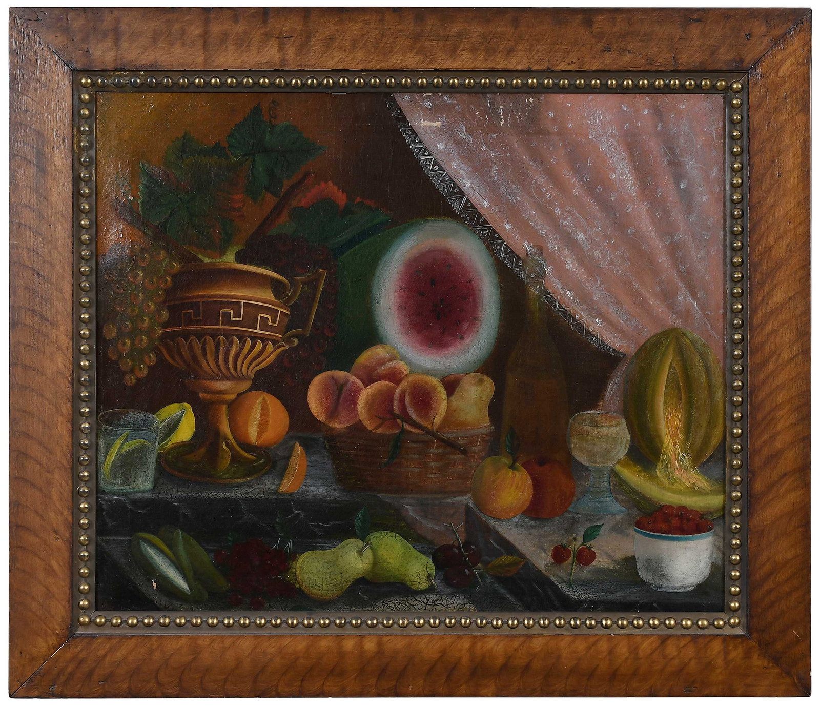 Abundant Folk Art Still Life: (American, 19th century) Abundant still life with watermelon and peaches, unsigned, oil on canvas, 25 x 30-1/8 in.; vintage (not original) grain painted wood frame, 32-1/2 x 37-1/2 x 1-7/8 in. Provena