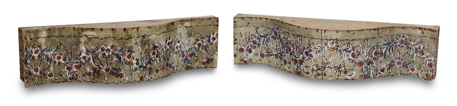 Rare Pair Federal Handpainted Serpentine Valances: probably New England, circa 1800, painted paper and wood,11 x 41 x 7-3/4 in. Provenance: According to client, previously owned by Nina Fletcher Little; The Tates Antiques, Londonderry, New Hampshire, 