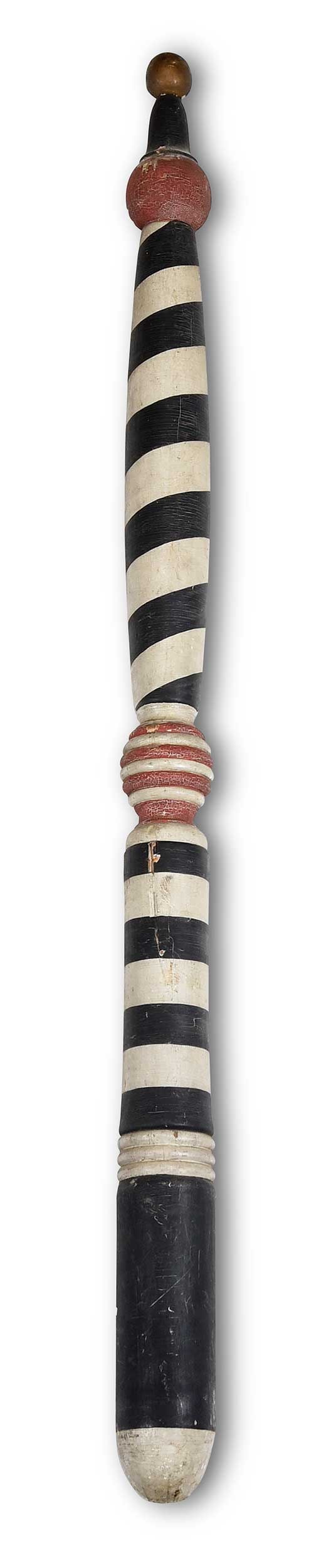 American Folk Art Paint Decorated Half Round Barber/Mortician Pole: possibly New England, late 19th century, half-round with red turnings and gilt ball at top, 70 x 4-1/2 x 2-1/4 in. Provenance: Allan Katz, October 1995 (accompanied by copy of receipt for $2,500); Fro