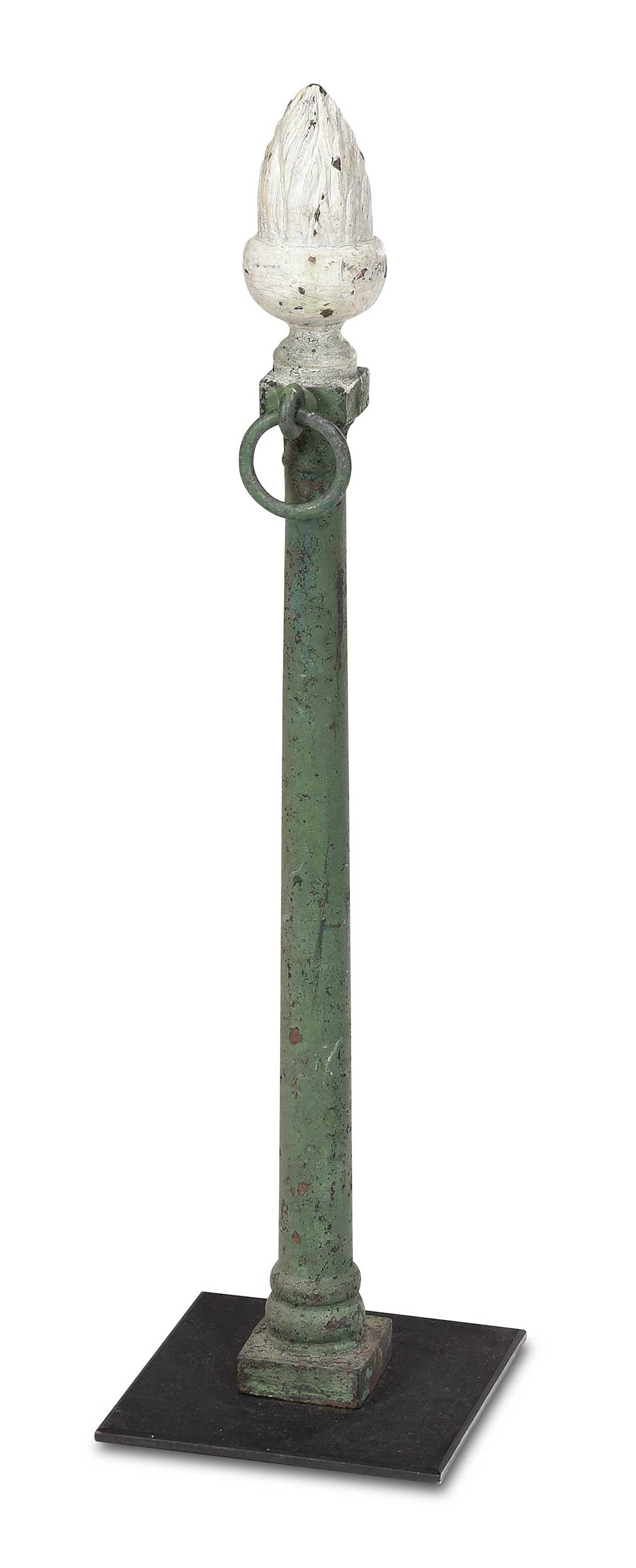 American Green White Painted Iron Hitching Post: late 19th/early 20th century, 38 x 4-1/2 x 4 in., on a later ebonized iron base 10 x 10 in. Provenance: Gloria N. Greenwald Antiques & Folk Art, Lambertville, New Jersey, August, 1997 (accompanied by 