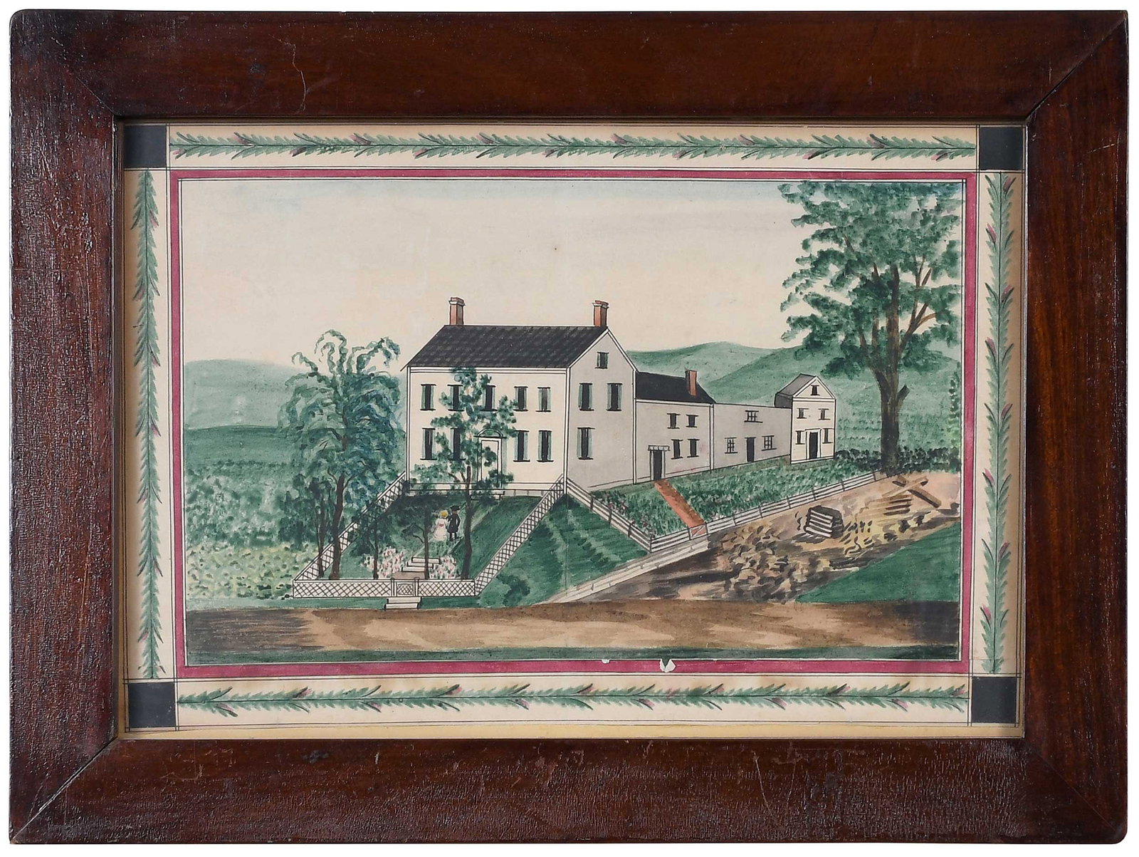 Folk Art Watercolor of House, Garbish & Sothebys Provenance: (American, 19th century) Landscape with a House, unsigned, watercolor on paper, 7-3/8 x 10-7/8 in.; wood frame, 9-3/4 x 13-1/8 x 5/8 in. Provenance: According to consignor notes, this was purchased at