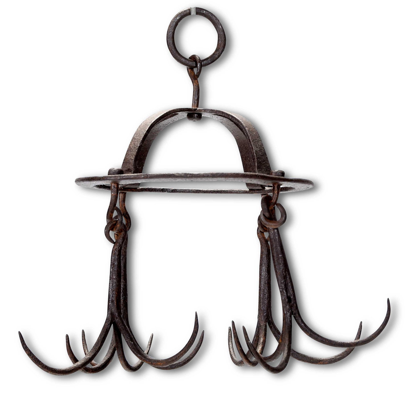 Early Wrought Iron Game Hook: Continental/American, 18th/19th century, domed form issuing four triple ended hooks, approx. 15-3/4 x 18 x 18 in. including hanging ring Provenance: From the Collection of Elbert H. Parsons, Jr., Hunt