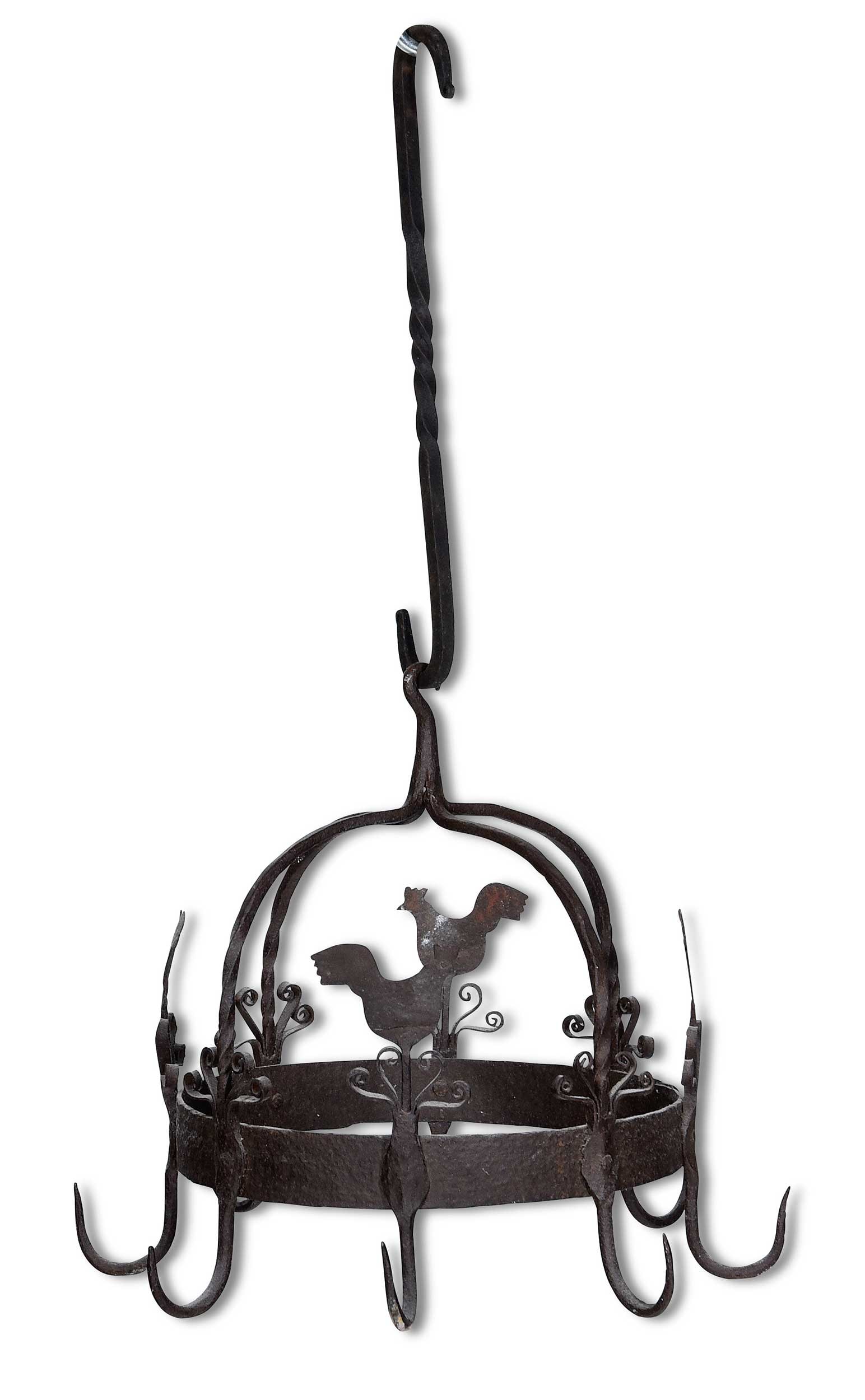 Early Wrought Iron Rooster Figural Game Hanger: 19th century, domed form issuing eight hooks, four rooster finials, 13 x 15 x 15 in., with 13-3/4 in. s-hook, total height on hook 28-3/4 in. Provenance: According to consignor notes, acquired from Ch