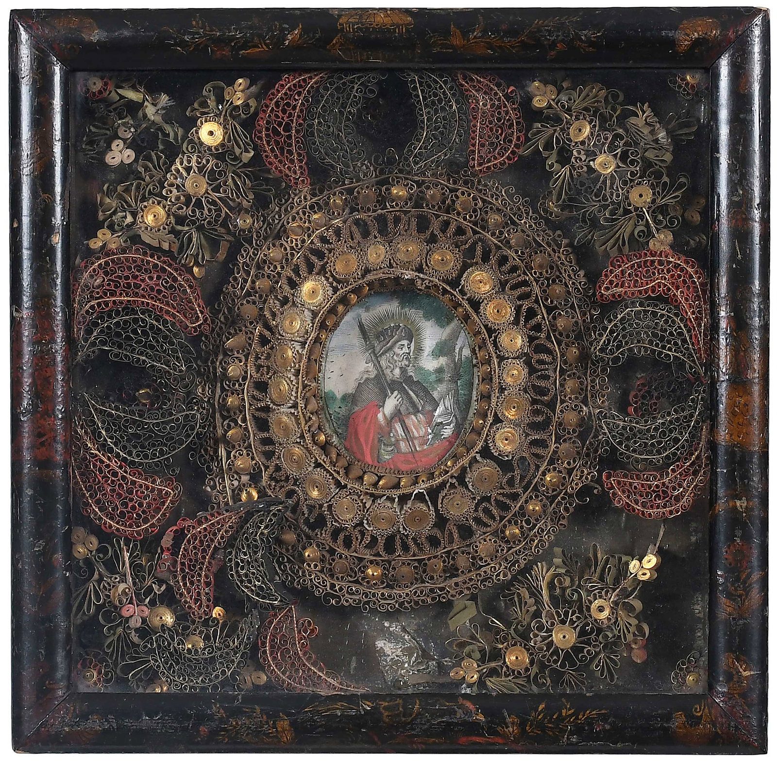 Early Framed Quillwork with Cartouche of St. James, Kindig Provenance: probably British, 17th/18th century, rolled paper or filigree work centering hand colored engraving of Saint James, original japanned frame, 9-3/8 x 9-1/2 x 1-1/2 in. Provenance: Joe Kindig Antiques, 