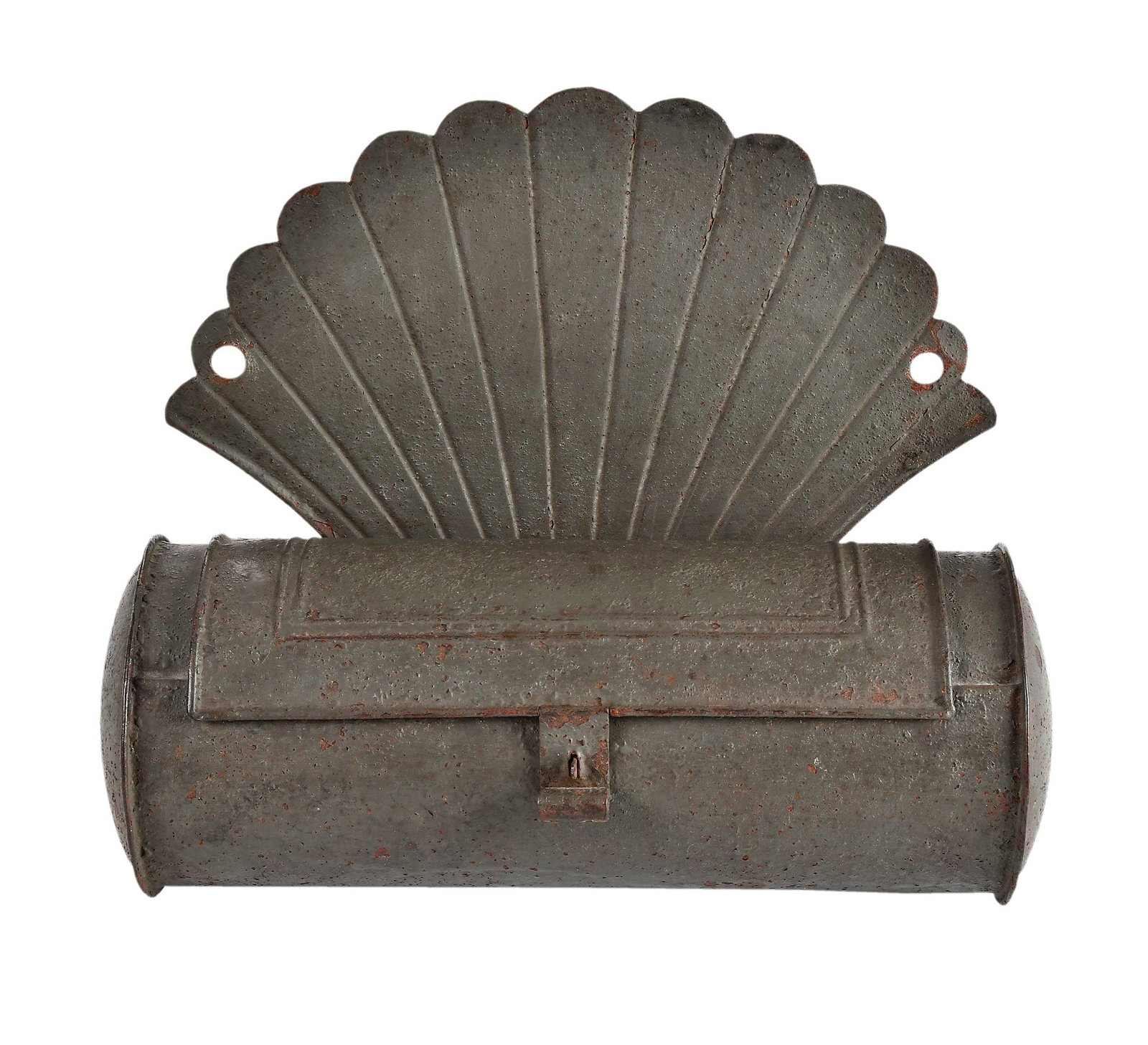 Fan Back Painted Tin Candle Box: early 19th century, old gray painted surface, 9-1/4 x 11-1/4 x 4-1/2 in. Provenance: David L. Good and Sam Forsythe Antiques, Ohio, August 2009 (accompanied by copy of receipt for $1,250); From the Co
