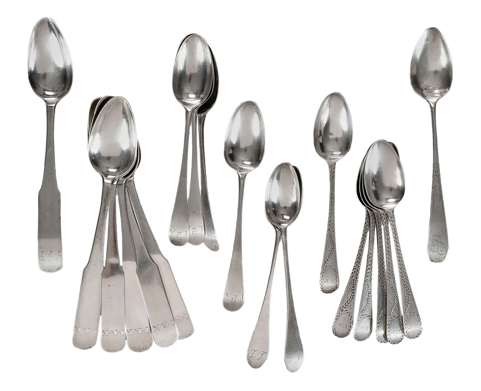 19 American and English Silver Spoons, including Hester Bateman: 12 English silver spoons including set of four Hester Bateman, London, 1787; set of six with bright cut engraving, marks for Stephen Adams, London, 1790; two unmarked, probably English; set of six Ame