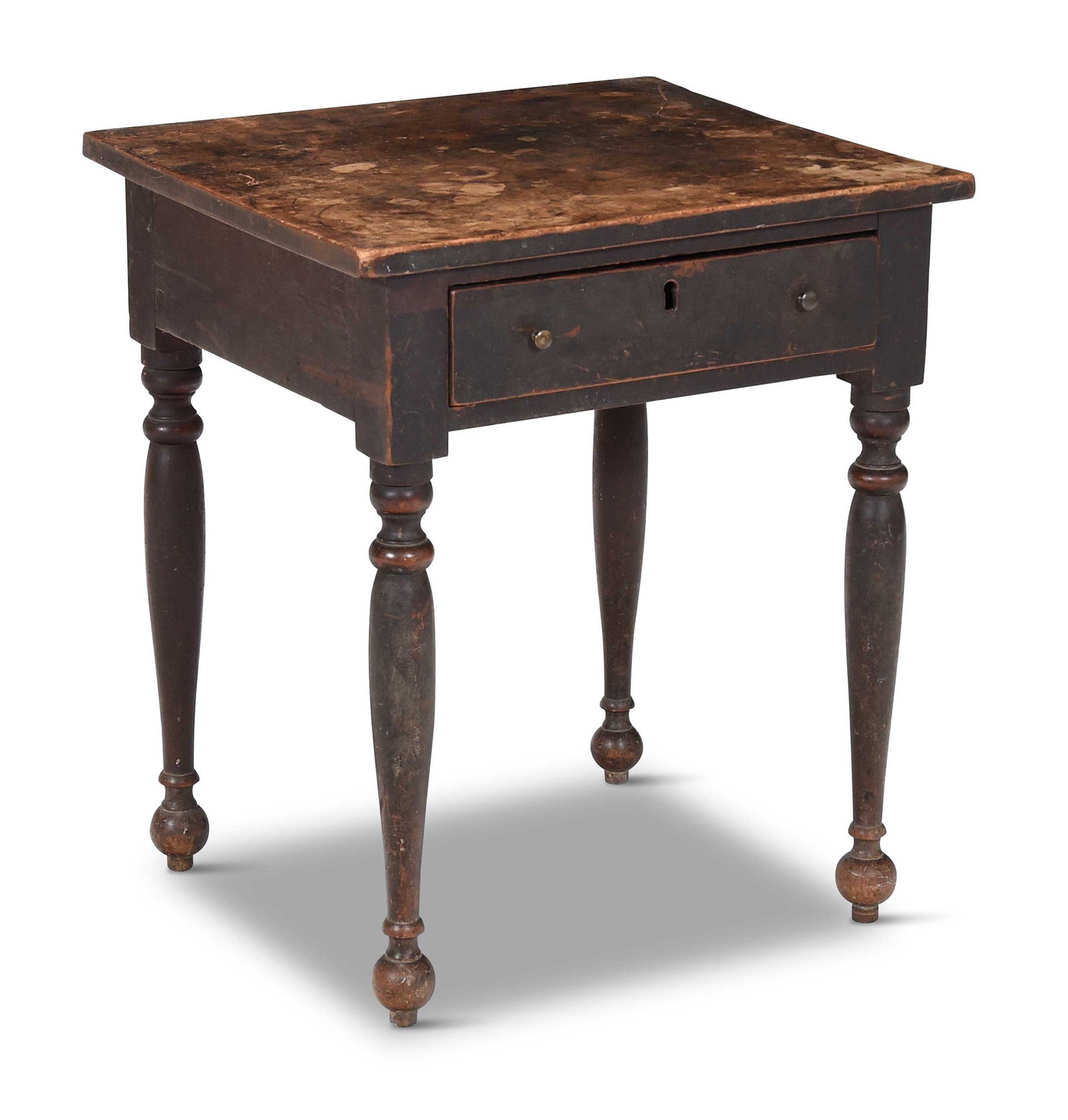 Tennessee Federal Cherry One Drawer Table in Original Surface: early 19th century, two board top, one drawer with small brass pull, turned legs with ball feet, poplar secondary woods, 28-3/4 x 25 x 22 in. Provenance: Henry Teloh, Nashville, Tennessee, late 1990s;