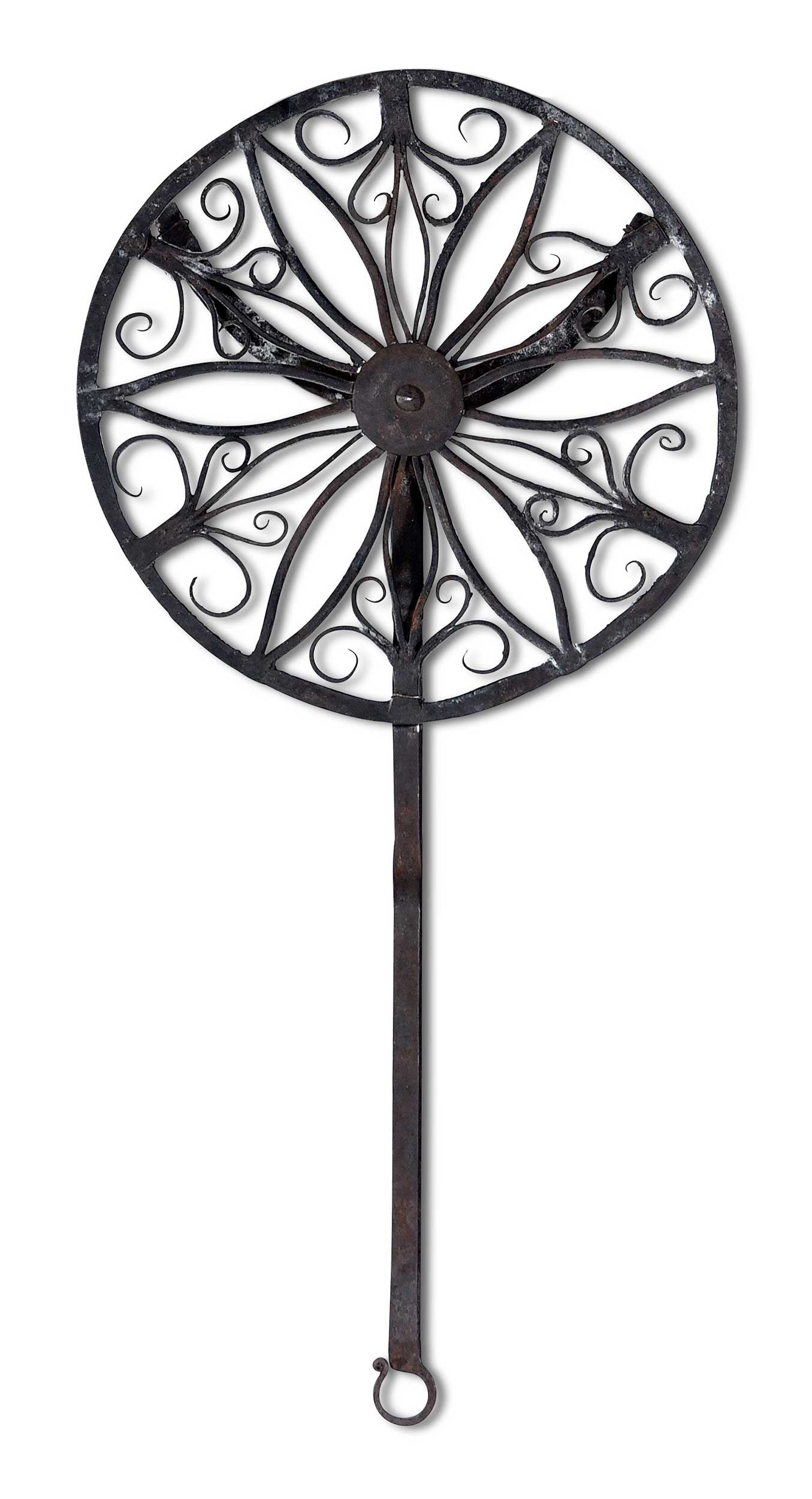 Early Wrought Iron Trivet, Mary Jo Case Provenance: American, late 18th/19th century, 3 x 28 x 13-3/4 in.; with custom hanger Provenance: Mary Jo Case, Knoxville, Tennessee (accompanied by copy of correspondence from Case dated April 2003); From the Co