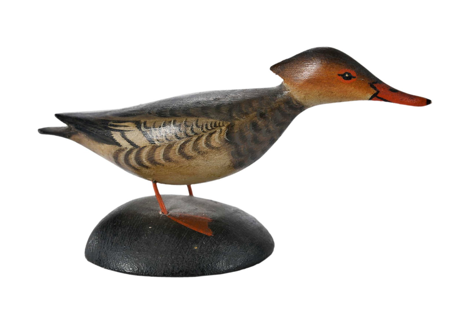 Elmer Crowell Miniature Running Merganser Hen Decoy: East Harwich, Massachusetts, attributed to 2nd quarter 20th century, pristine original paint with fine detail, maker's rectangular stamp at base, pencil inscription at base "F Red B Merganser," 2-1/4 