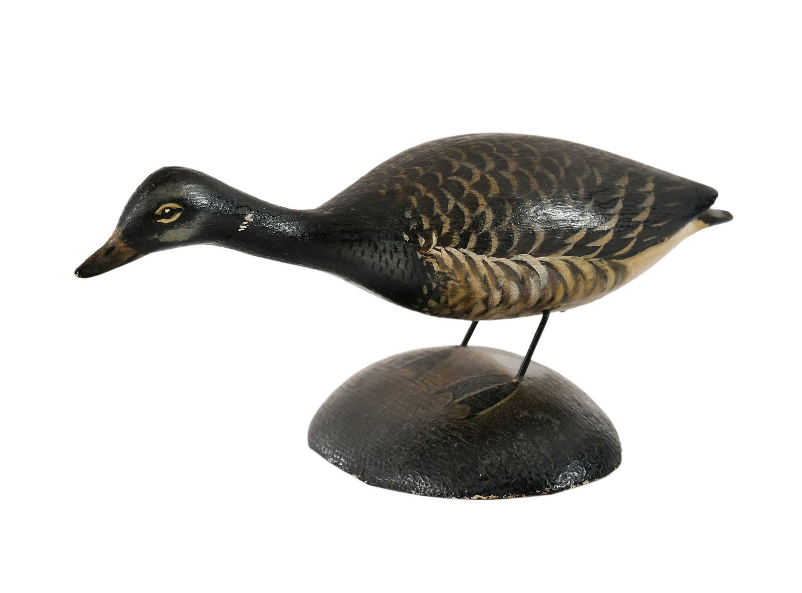 Elmer Crowell Miniature Running Brant Decoy: East Harwich, Massachusetts, attributed to 2nd quarter 20th century, excellent original paint with fine detail, maker's rectangular stamp at base (double stamped), pencil inscription at base "Brant" a