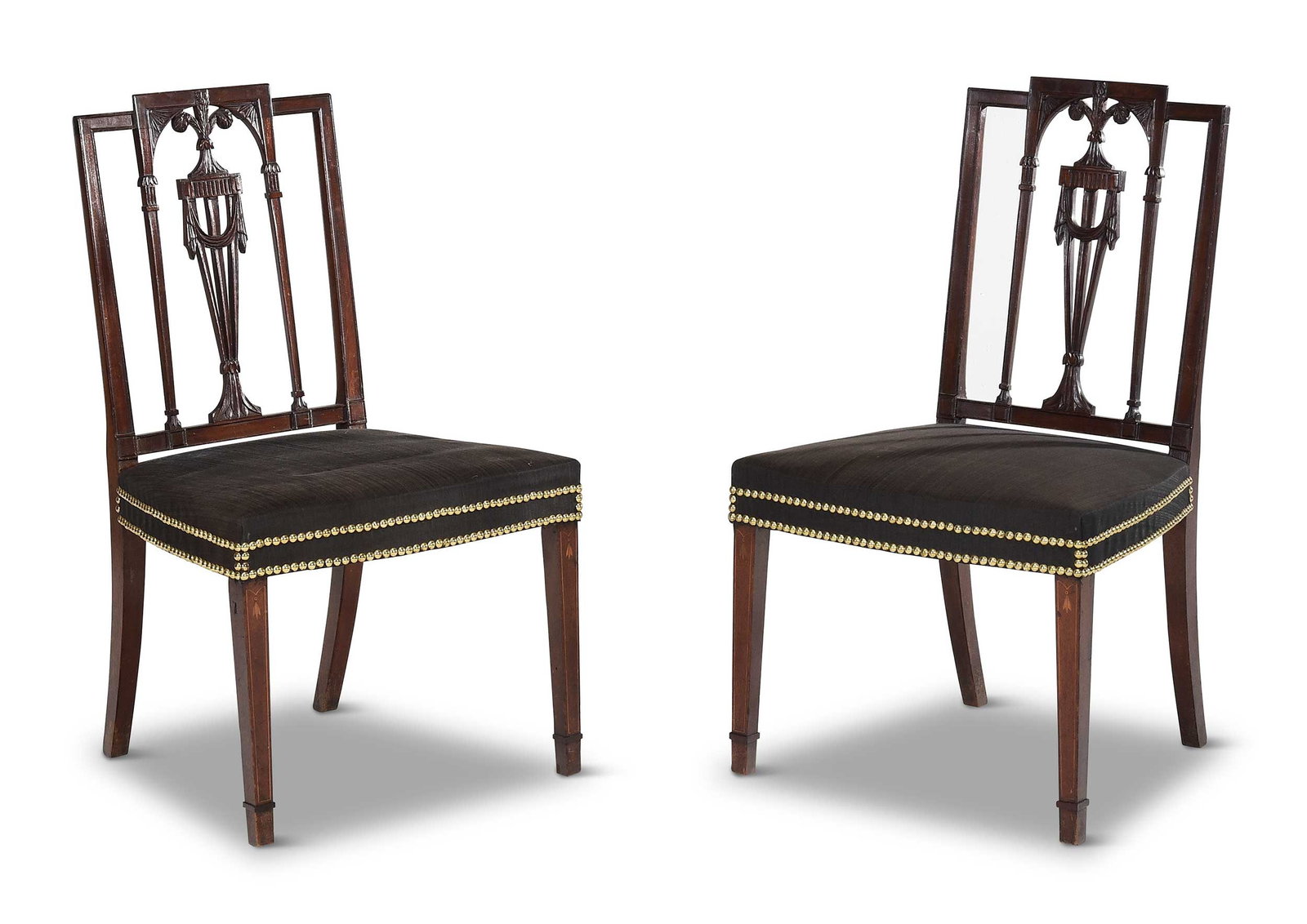 Pair of Charleston Federal Carved and Inlaid Mahogany Side Chairs, Leroy Graves Upholstery: South Carolina, 1790-1805, finely carved urn and drapery backs, tapered legs with bellflower and string inlay, later black horsehair noninvasive removable upholstery, ash secondary wood, 36 x 21-1/2 x