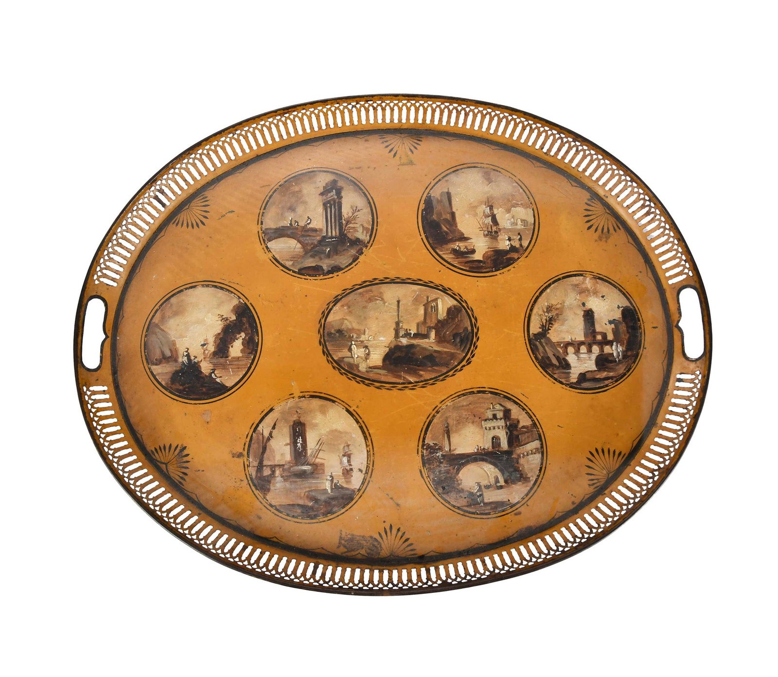 Antique Neoclassical Yellow Tole Tray with Painted Scenes: probably British, 19th century, mustard yellow ground, pierced rim with handles on each side, capriccio type roundels, 16-5/8 x 21-1/8 x 1-3/8 in. Provenance: Russell Carrell, Salisbury, Connecticut, 